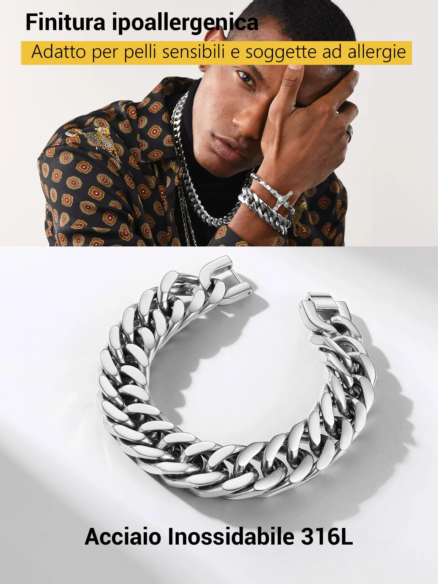 PROSTEEL Bracciale Catena Cubana in Acciaio Inossidabile, Argento, 23 cm x 17 mm - immagine 8