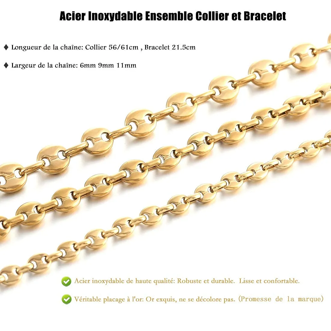 AFSTALR Collana e bracciale in acciaio inossidabile a maglia a chicco di caffè da uomo, 11mm, oro, 51cm - immagine 3