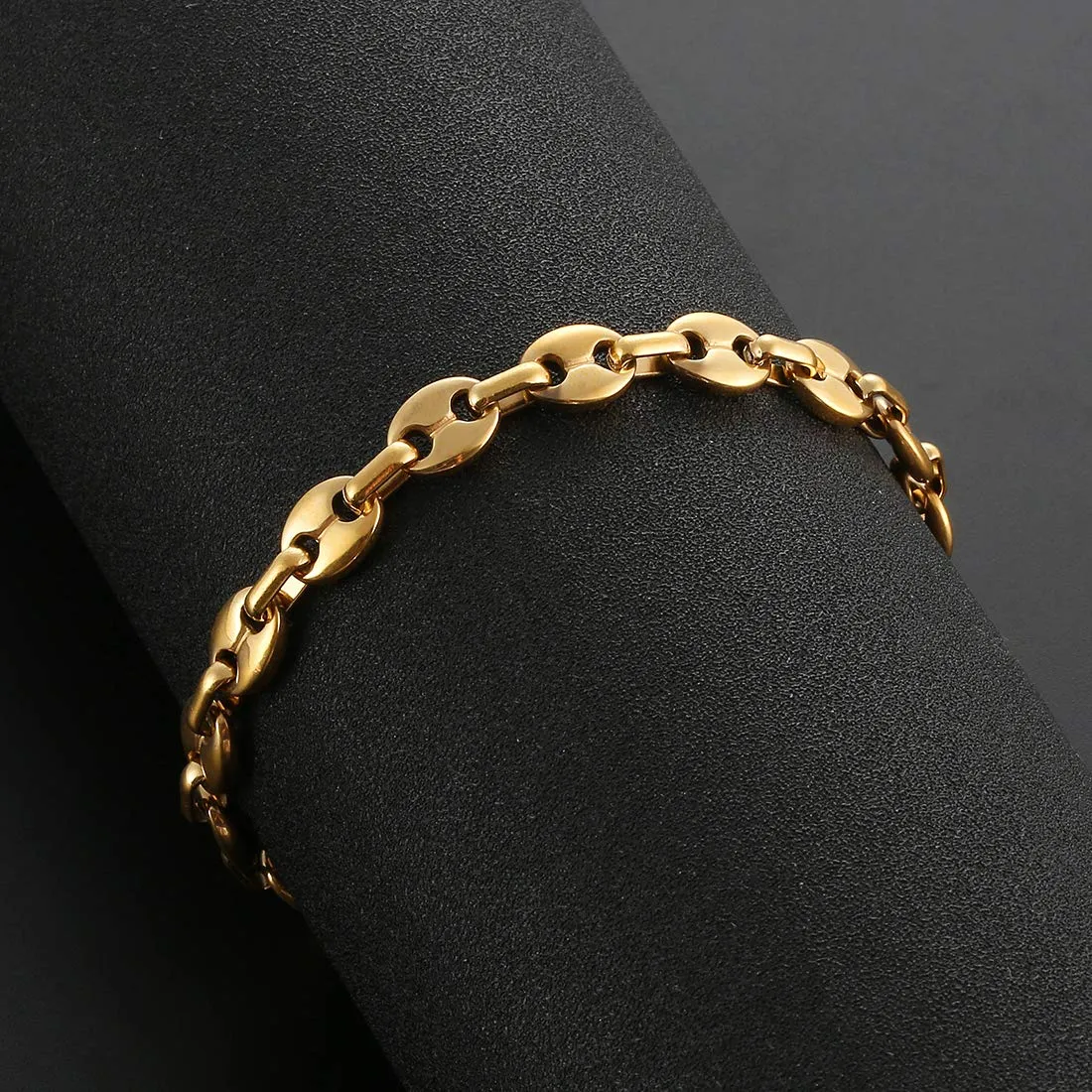 AFSTALR Collana e bracciale in acciaio inossidabile a maglia a chicco di caffè da uomo, 11mm, oro, 51cm - immagine 5