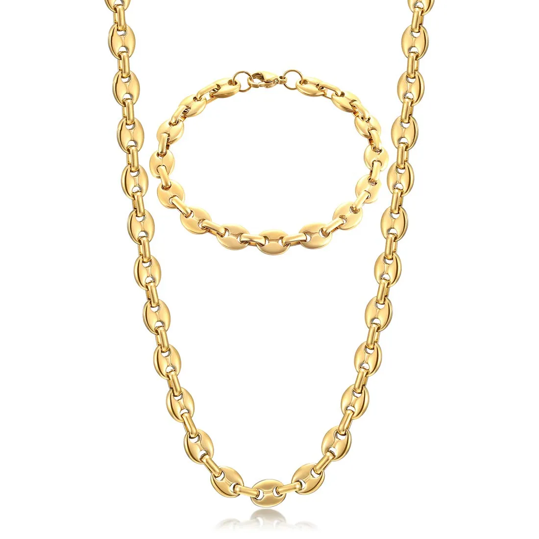AFSTALR Collana e bracciale in acciaio inossidabile a maglia a chicco di caffè da uomo, 6mm, oro, 51cm - immagine 1