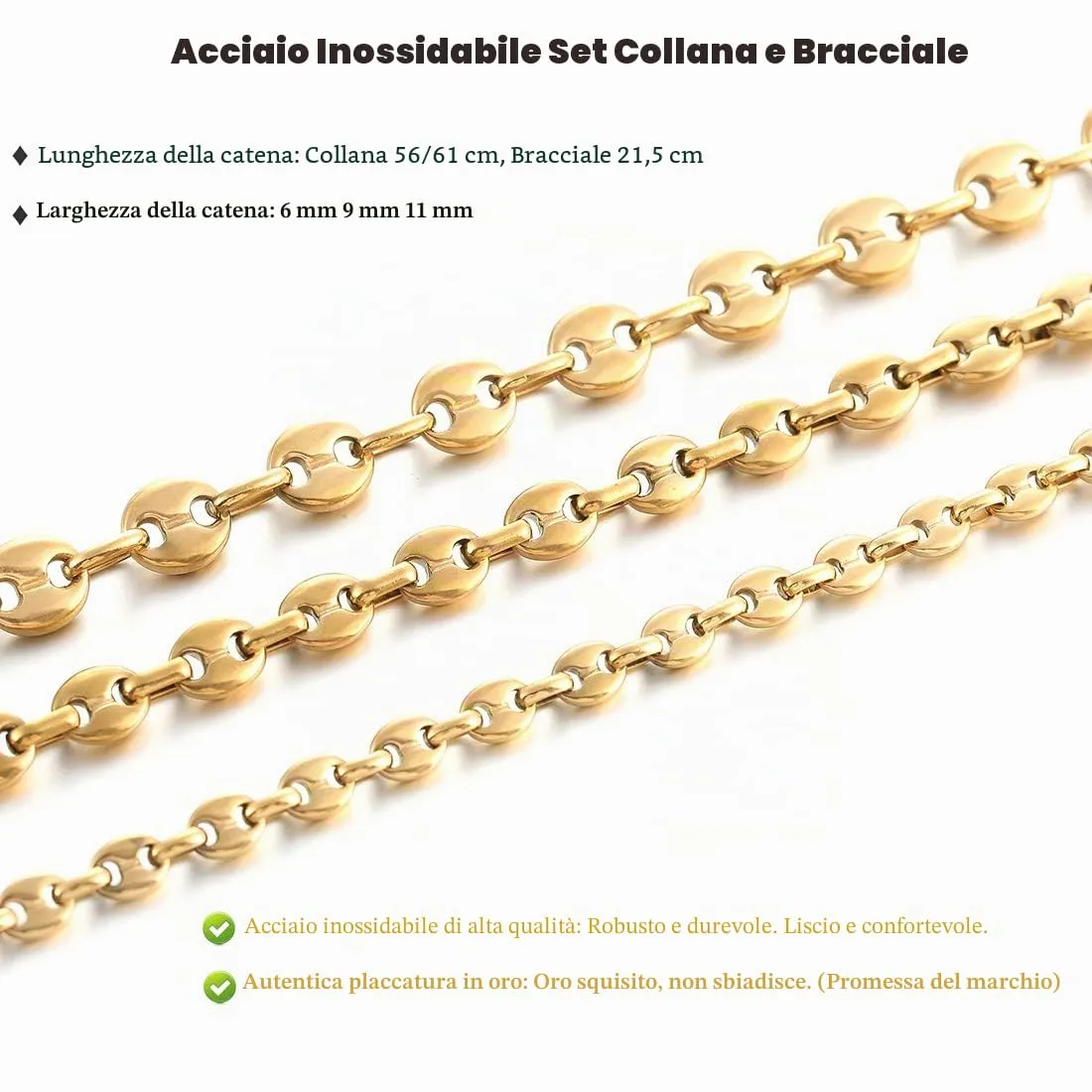 AFSTALR Collana e bracciale in acciaio inossidabile a maglia a chicco di caffè da uomo, 6mm, oro, 51cm - immagine 4