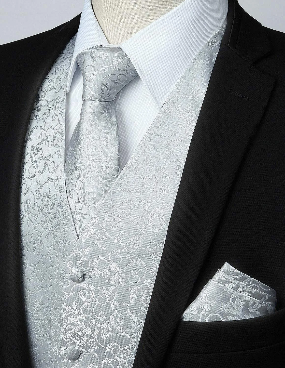 HISDERN Set Gilet e Cravatta Jacquard Paisley con Pochette, Grigio Argento, L - immagine 2