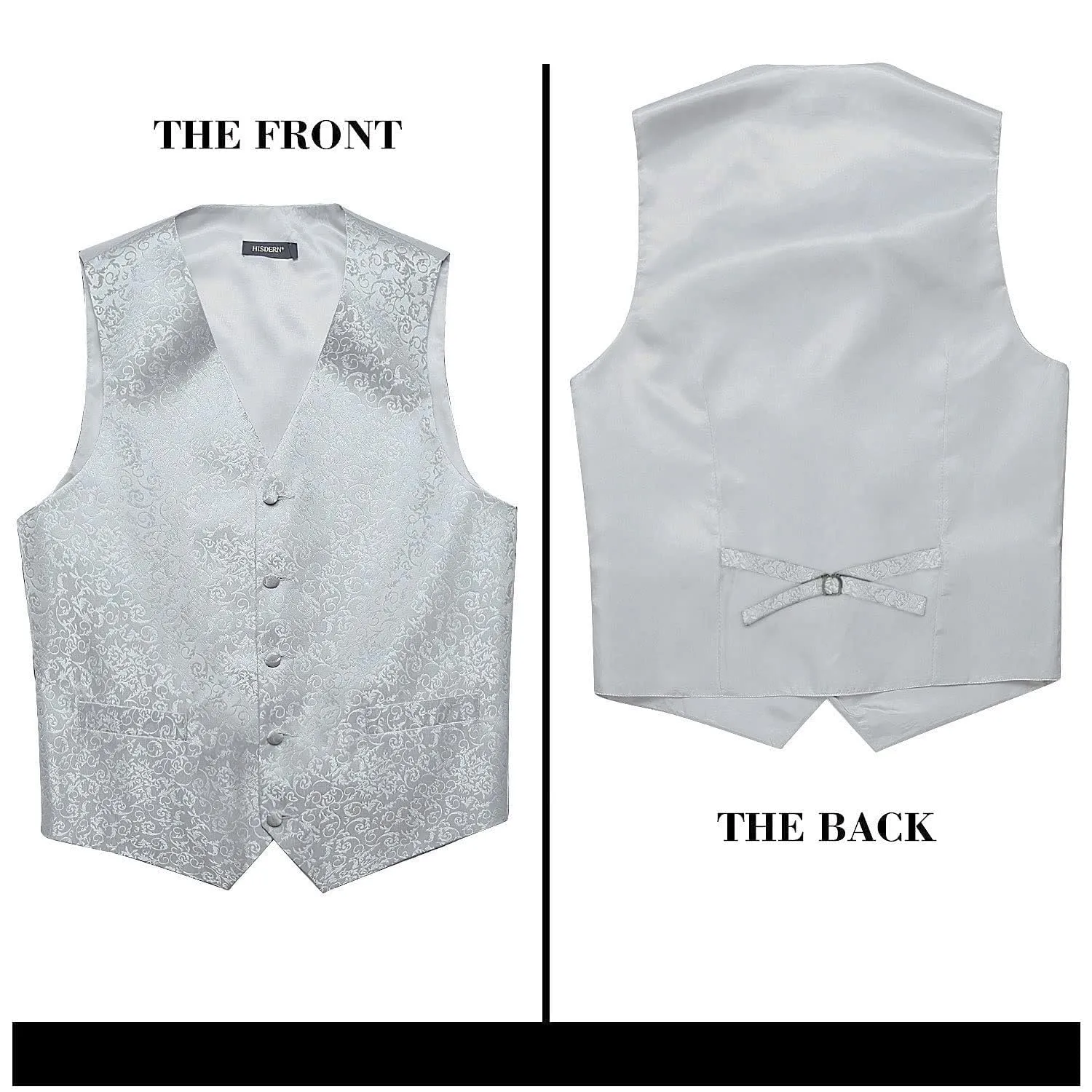 HISDERN Set Gilet e Cravatta Jacquard Paisley con Pochette, Grigio Argento, L - immagine 5