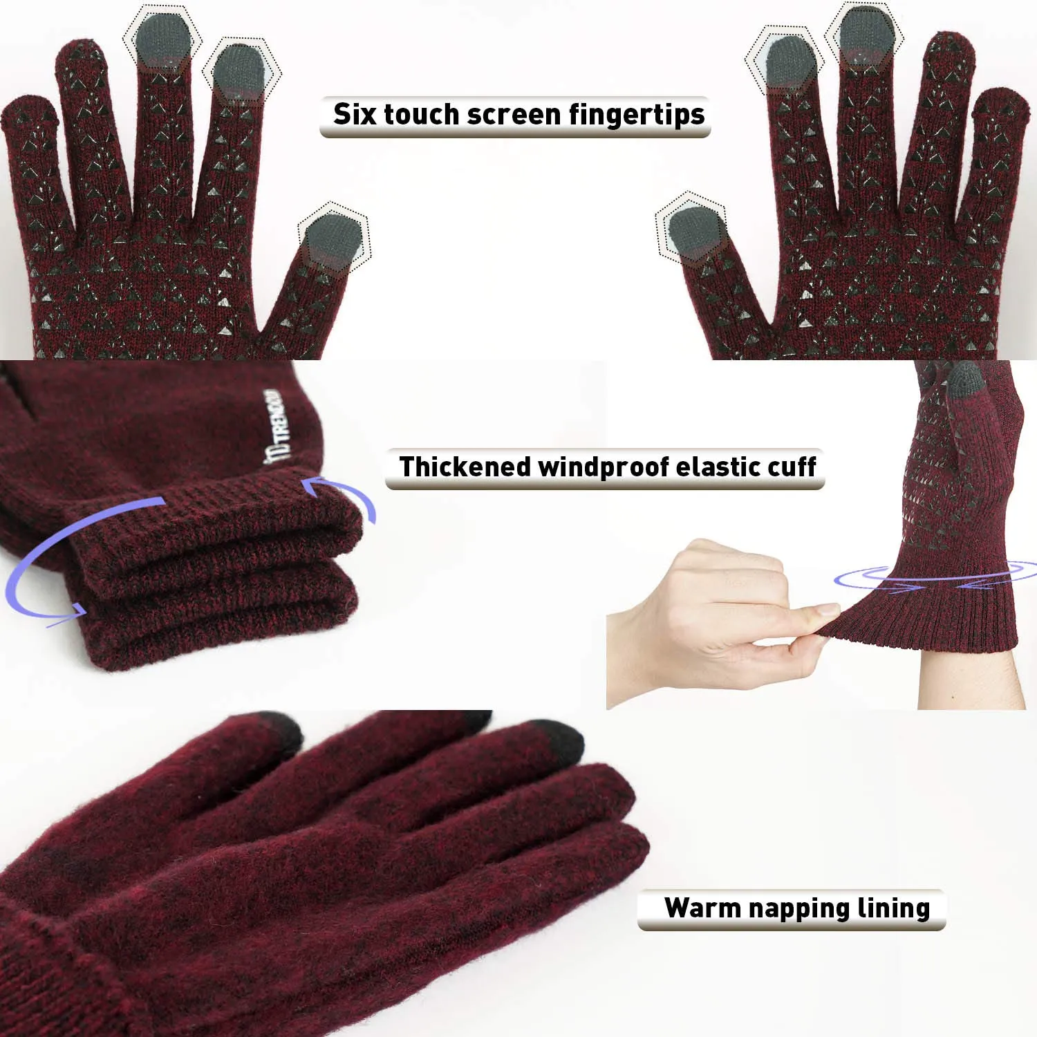 TRENDOUX Winter Touch Screen Gloves, Black Red, XL - immagine 3