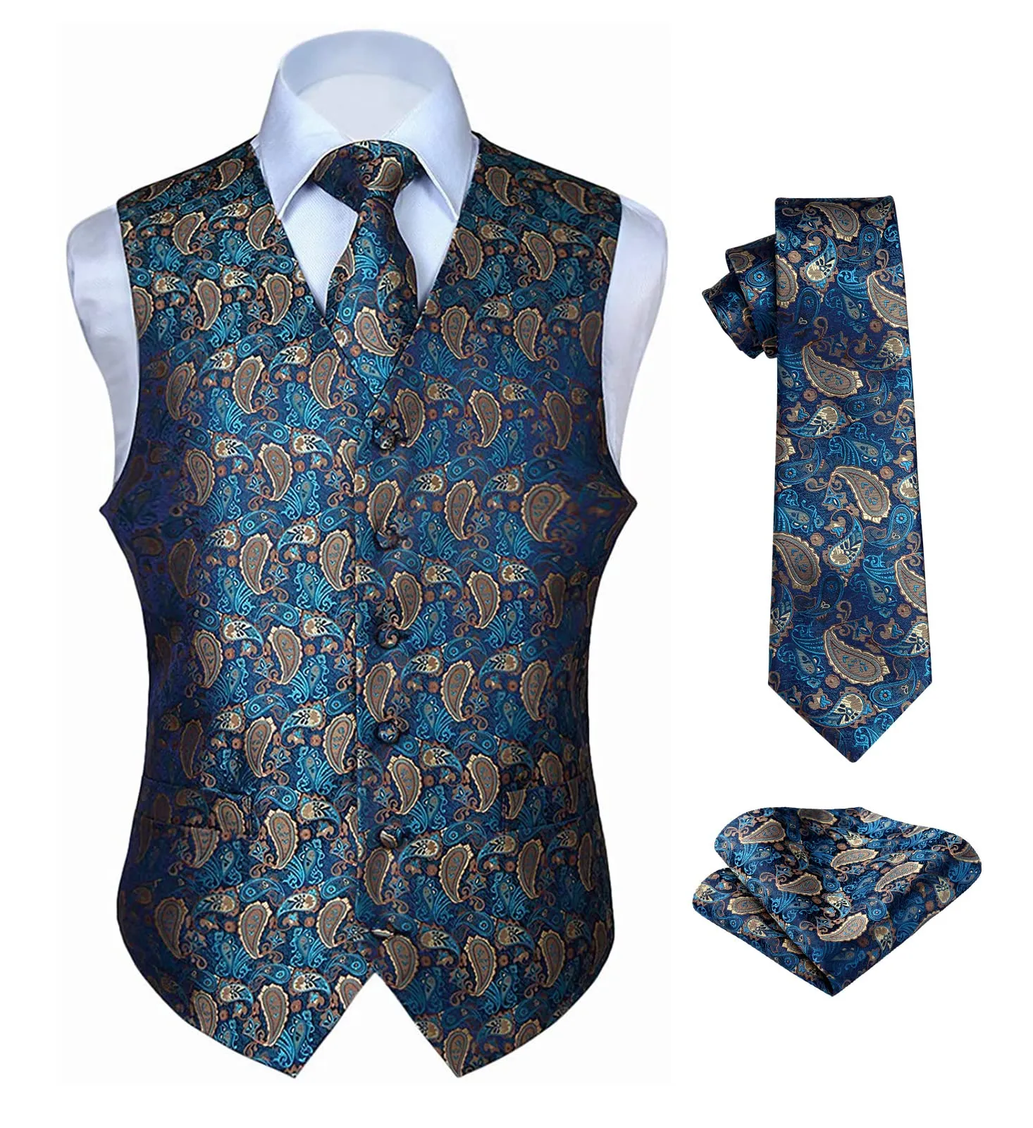 HISDERN Paisley Jacquard Gilet, Tie and Pocket Square Set, Aqua & Brown, XXL - immagine 1