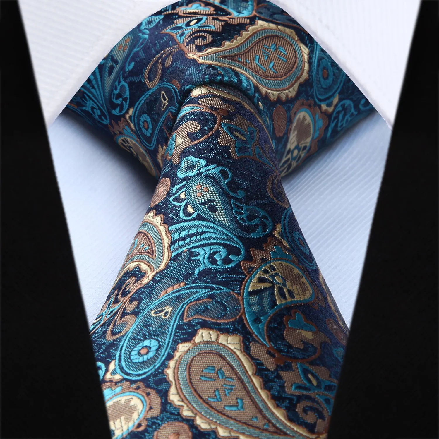 HISDERN Paisley Jacquard Gilet, Tie and Pocket Square Set, Aqua & Brown, XXL - immagine 2