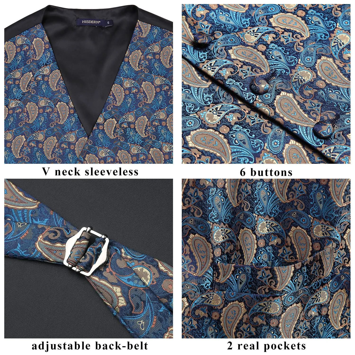 HISDERN Paisley Jacquard Gilet, Tie and Pocket Square Set, Aqua & Brown, XXL - immagine 4