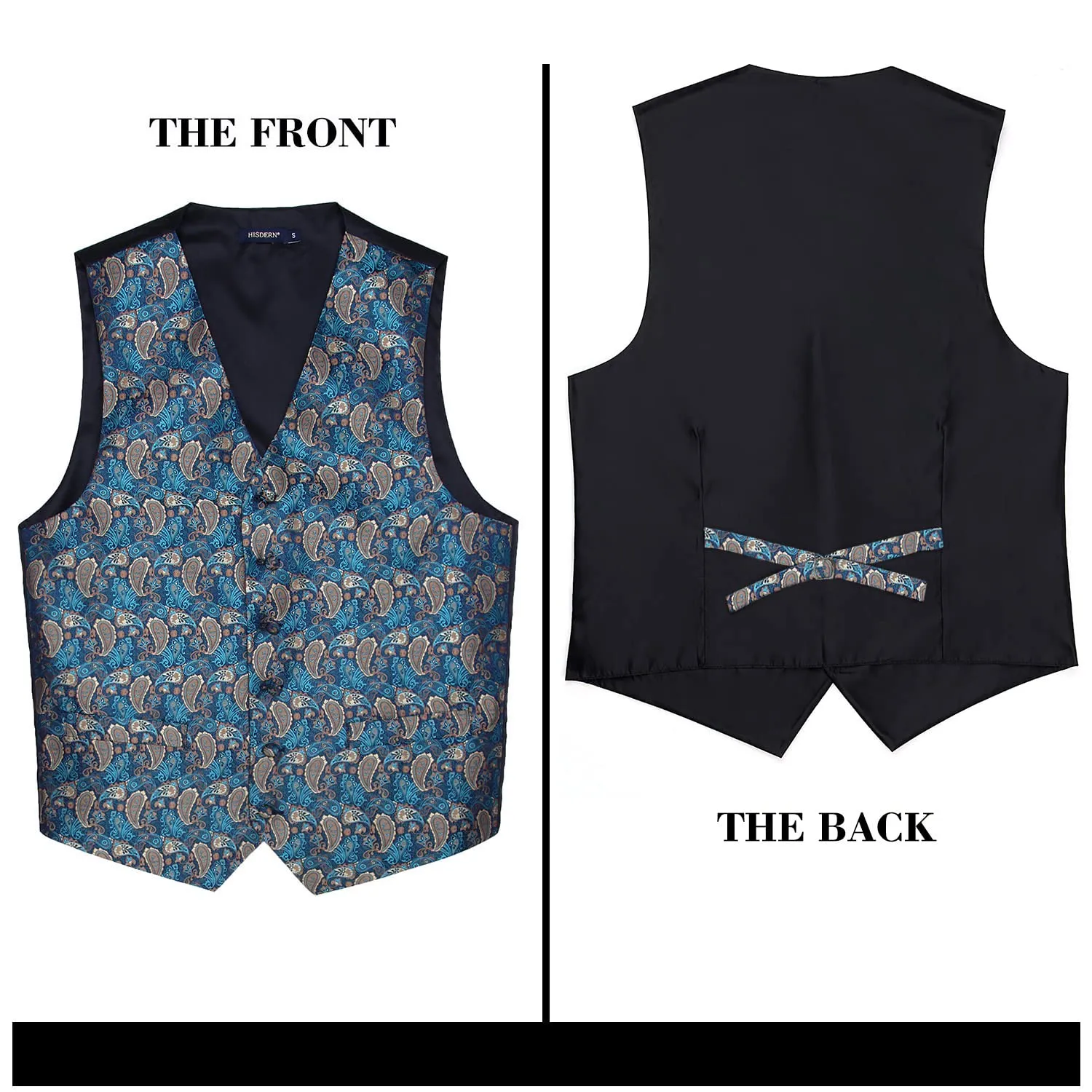HISDERN Paisley Jacquard Gilet, Tie and Pocket Square Set, Aqua & Brown, XXL - immagine 5