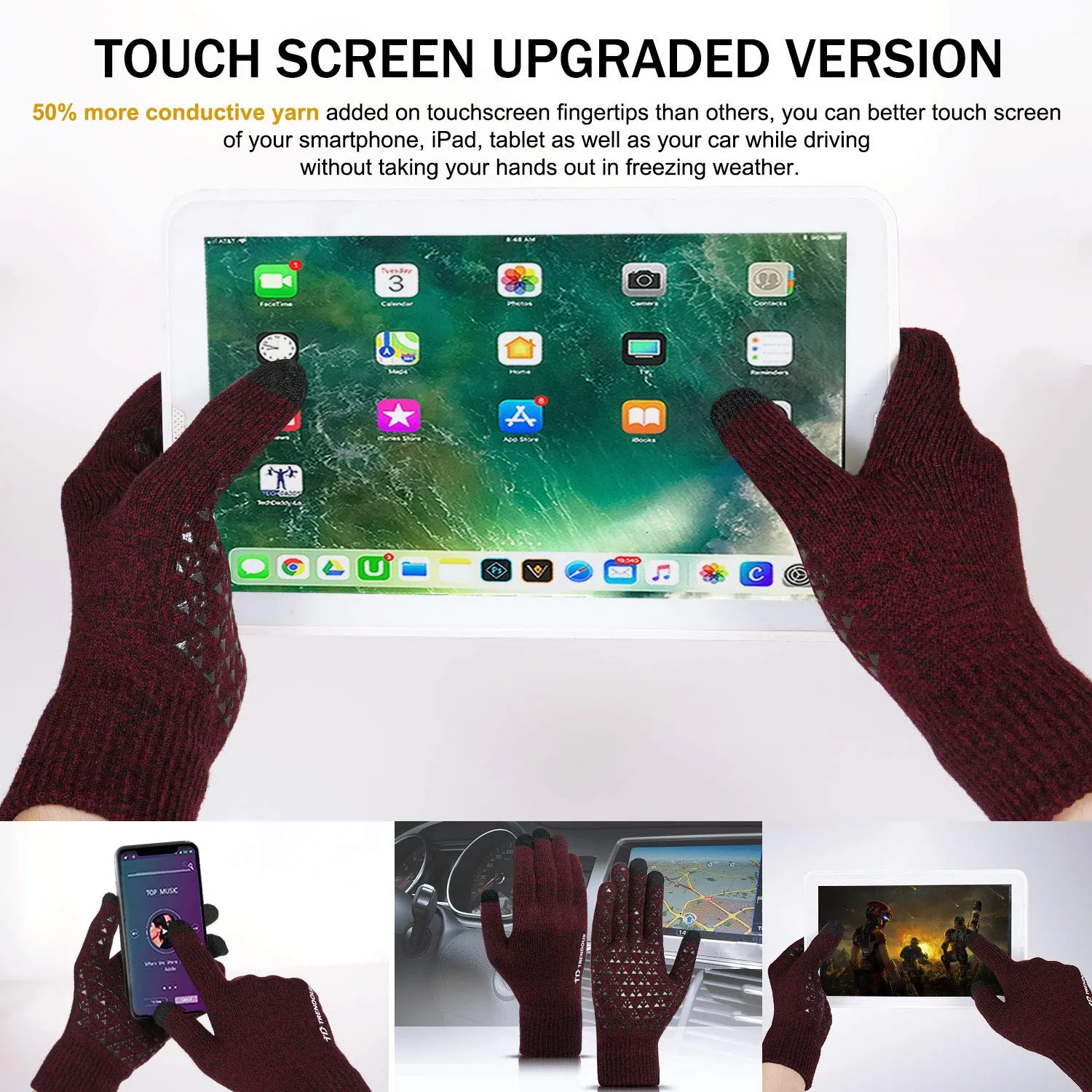 TRENDOUX Unisex Winter Touch Screen Gloves, Black Red, M - immagine 2