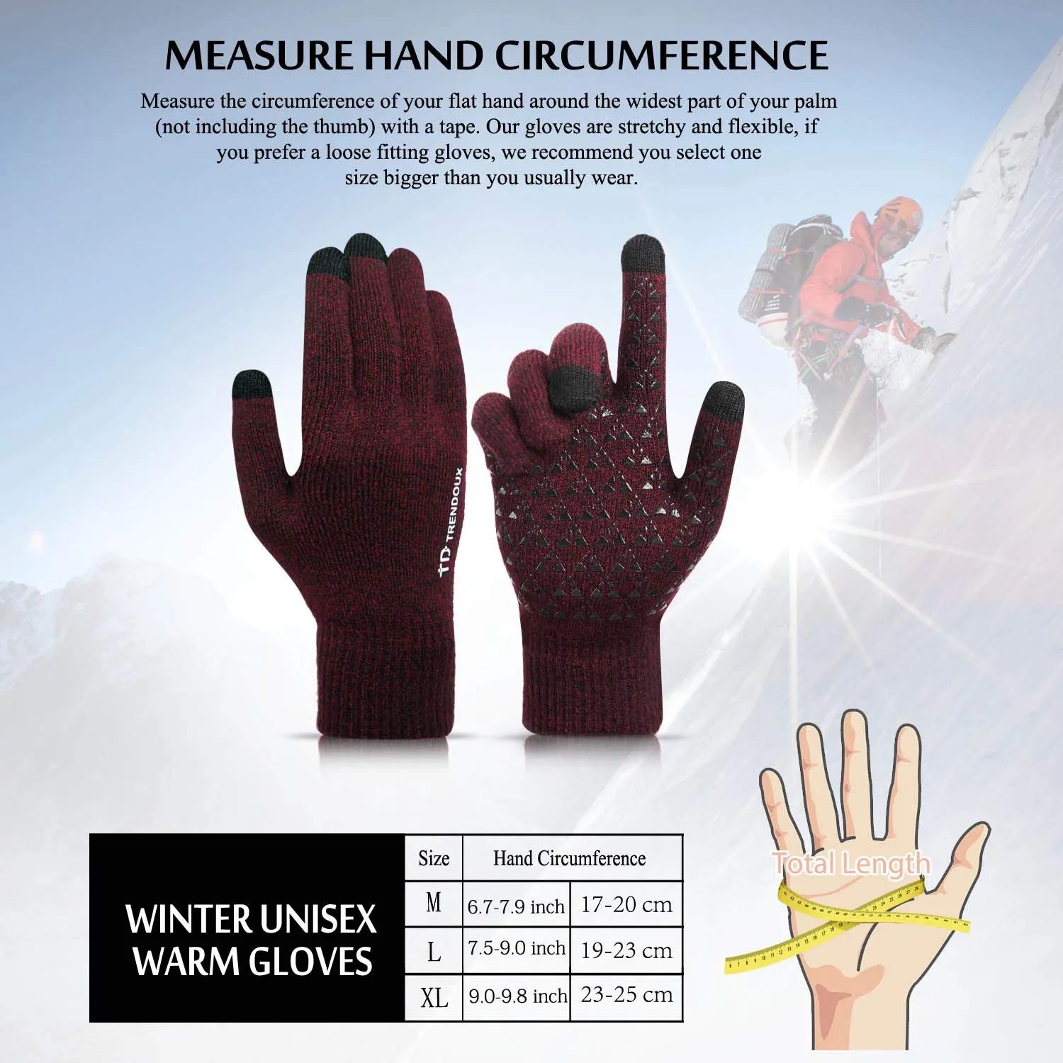 TRENDOUX Unisex Winter Touch Screen Gloves, Black Red, M - immagine 5