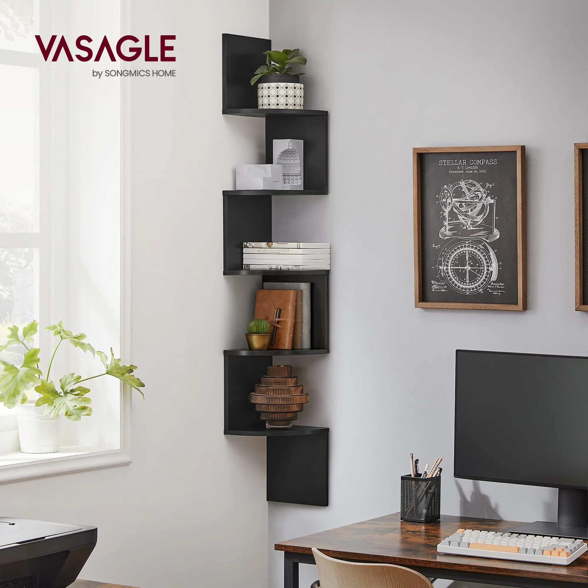 VASAGLE Libreria Angolare da Muro a 5 Ripiani, 126 x 20 cm, Nero Inchiostro LBC20BK - immagine 2