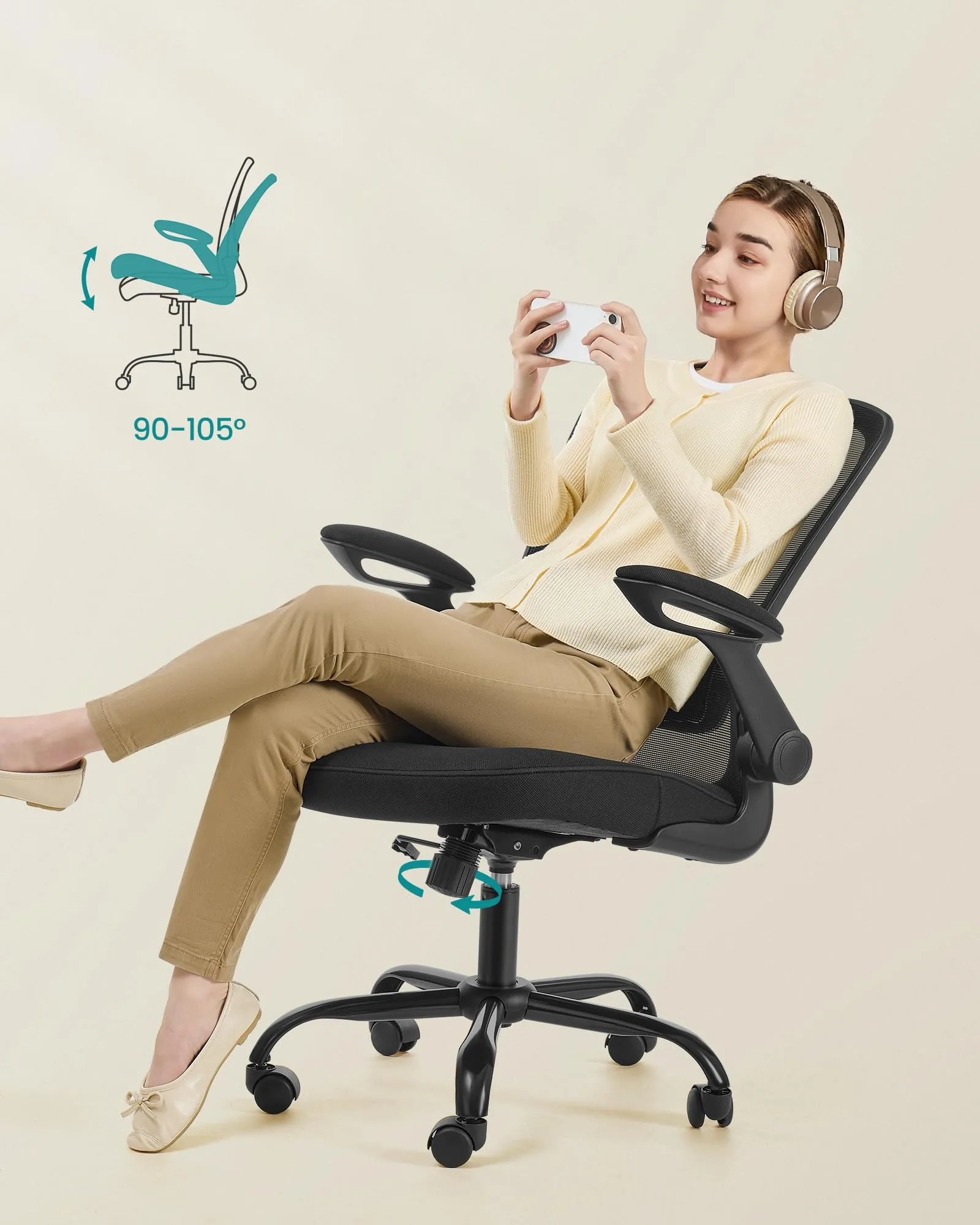 SONGMICS Sedia da Ufficio Girevole Ergonomica in Rete con Supporto Lombare e Braccioli Pieghevoli, Nero OBN37BK - immagine 2