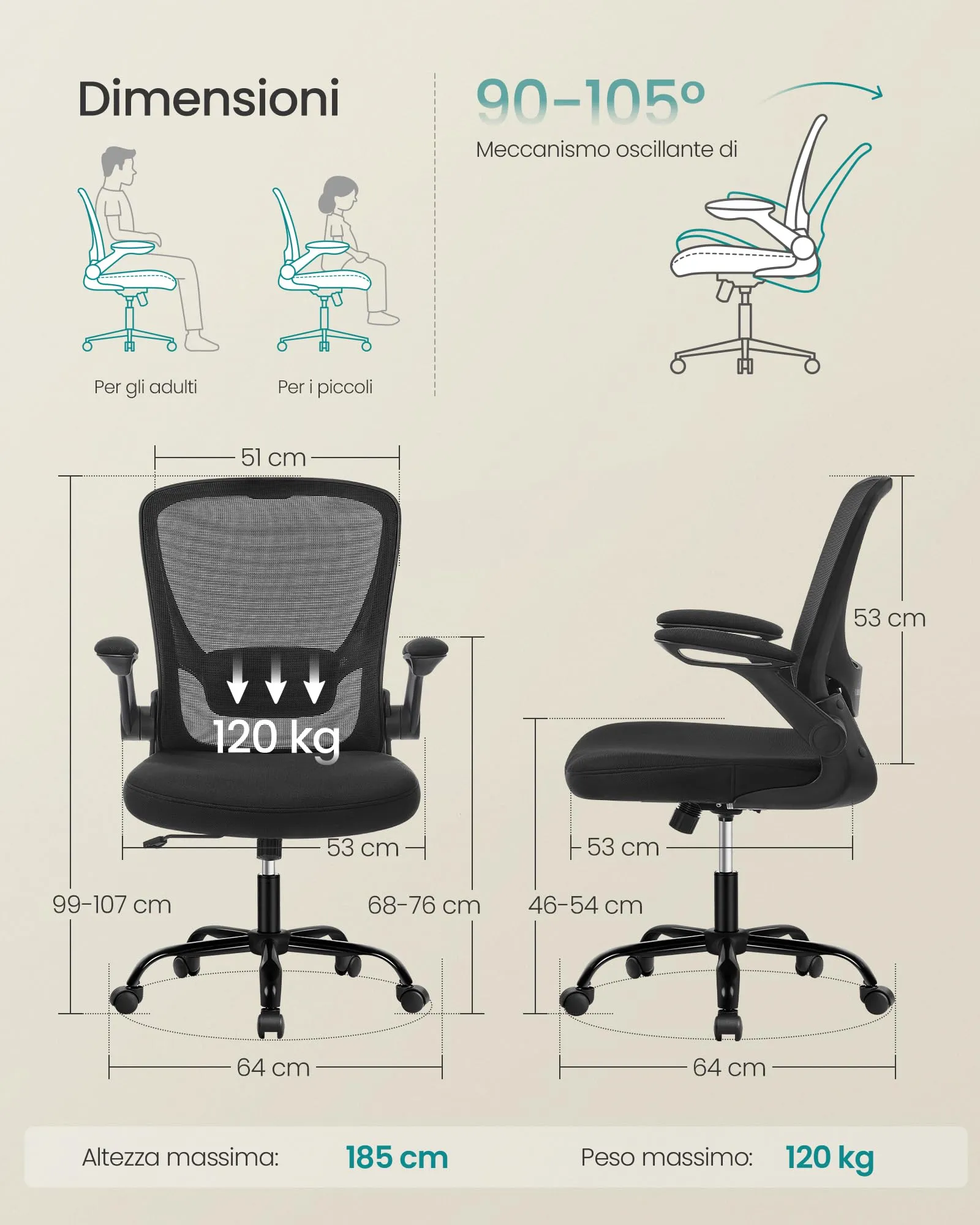 SONGMICS Sedia da Ufficio Girevole Ergonomica in Rete con Supporto Lombare e Braccioli Pieghevoli, Nero OBN37BK - immagine 3