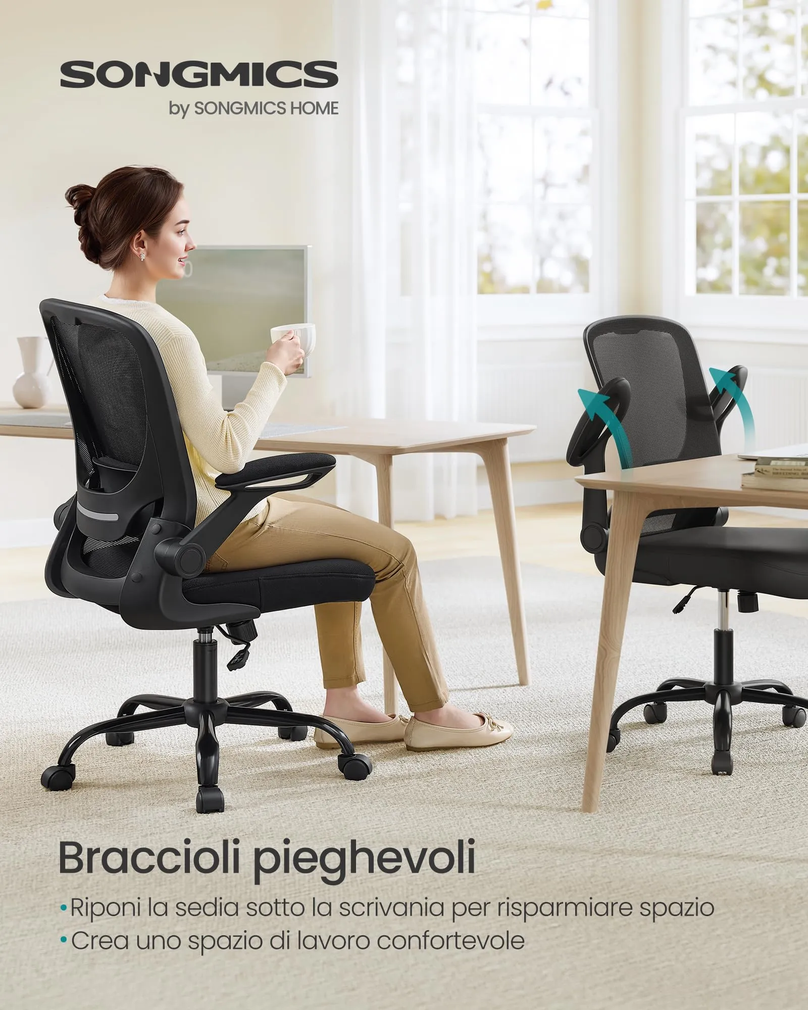 SONGMICS Sedia da Ufficio Girevole Ergonomica in Rete con Supporto Lombare e Braccioli Pieghevoli, Nero OBN37BK - immagine 4