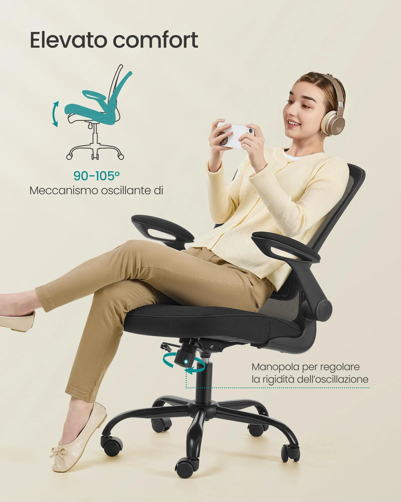 SONGMICS Sedia da Ufficio Girevole Ergonomica in Rete con Supporto Lombare e Braccioli Pieghevoli, Nero OBN37BK - immagine 5