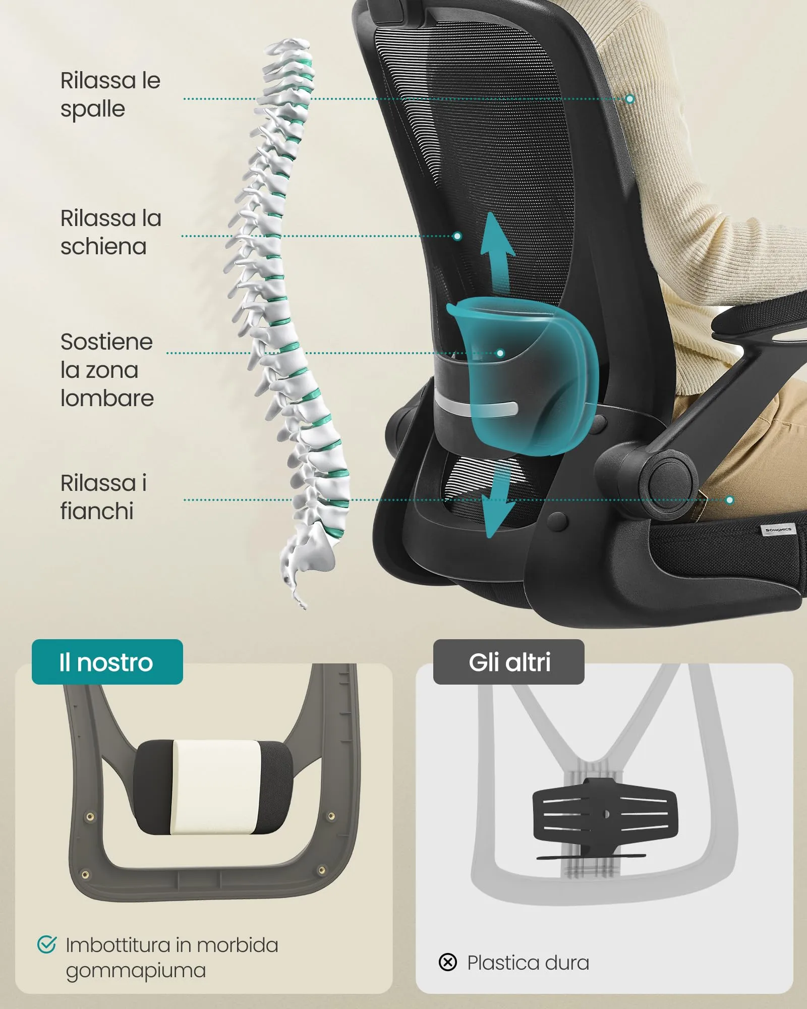 SONGMICS Sedia da Ufficio Girevole Ergonomica in Rete con Supporto Lombare e Braccioli Pieghevoli, Nero OBN37BK - immagine 7
