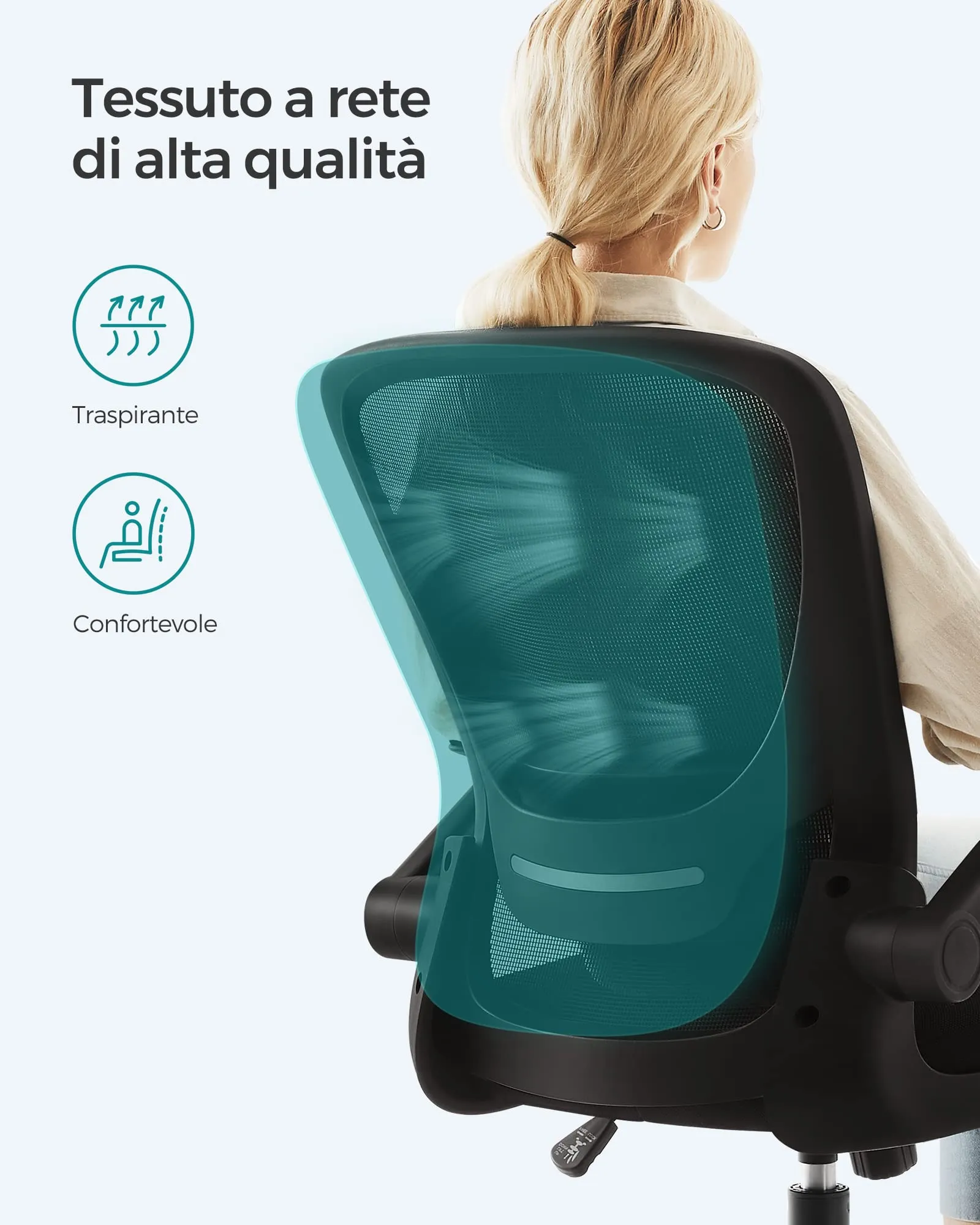 SONGMICS Sedia da Ufficio Girevole Ergonomica in Rete con Supporto Lombare e Braccioli Pieghevoli, Nero OBN37BK - immagine 8
