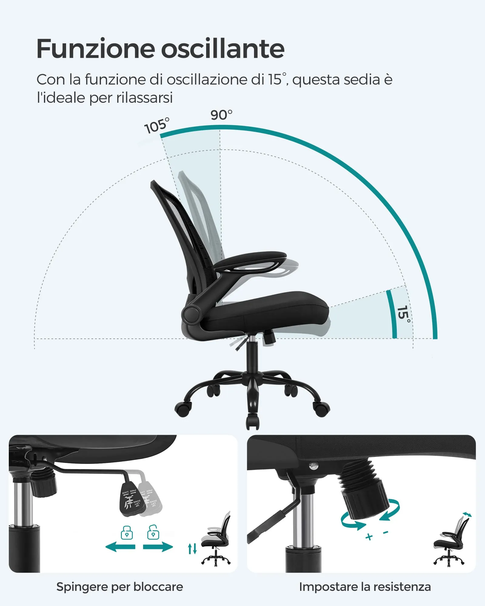 SONGMICS Sedia da Ufficio Girevole Ergonomica in Rete con Supporto Lombare e Braccioli Pieghevoli, Nero OBN37BK - immagine 9