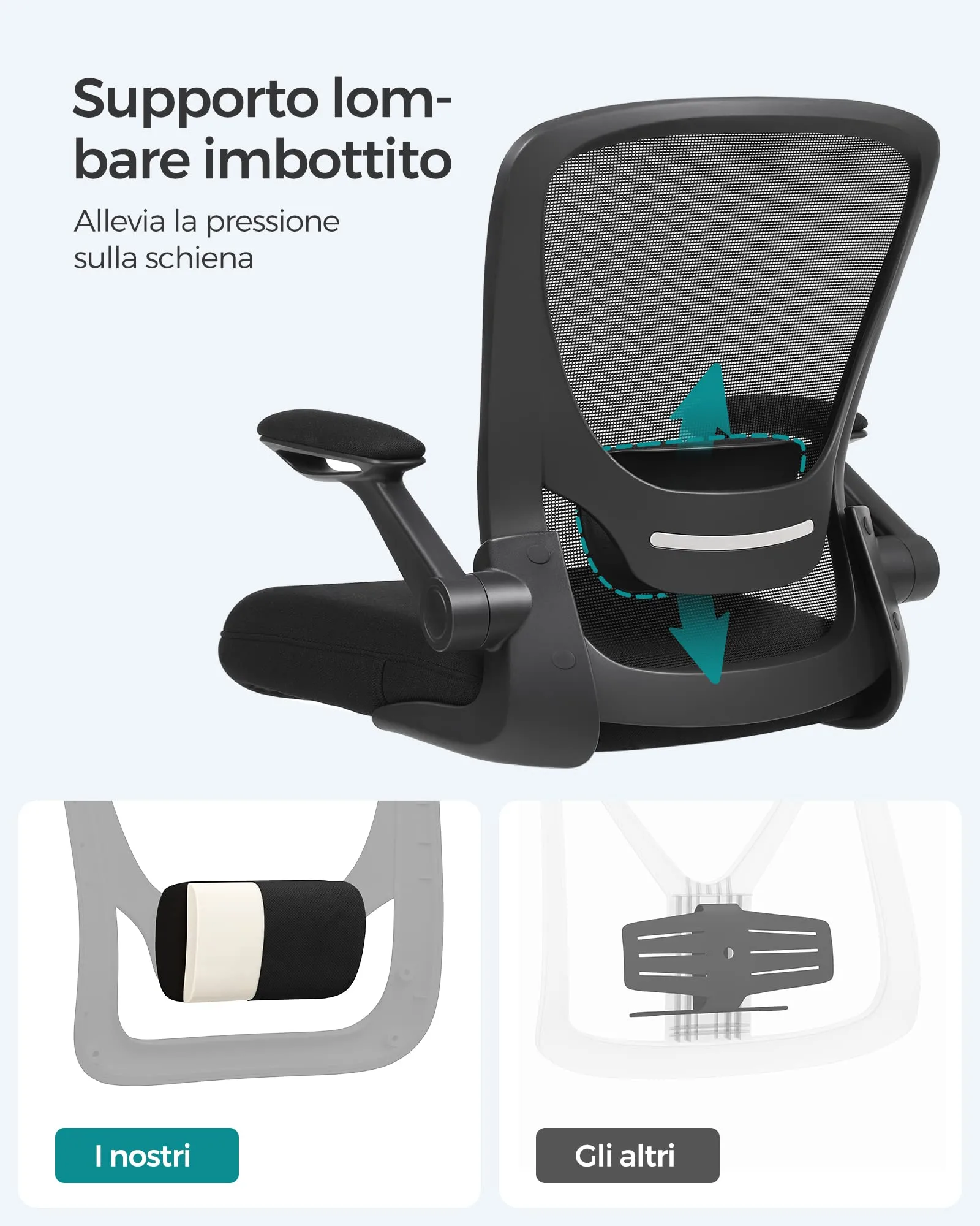 SONGMICS Sedia da Ufficio Girevole Ergonomica in Rete con Supporto Lombare e Braccioli Pieghevoli, Nero OBN37BK - immagine 10