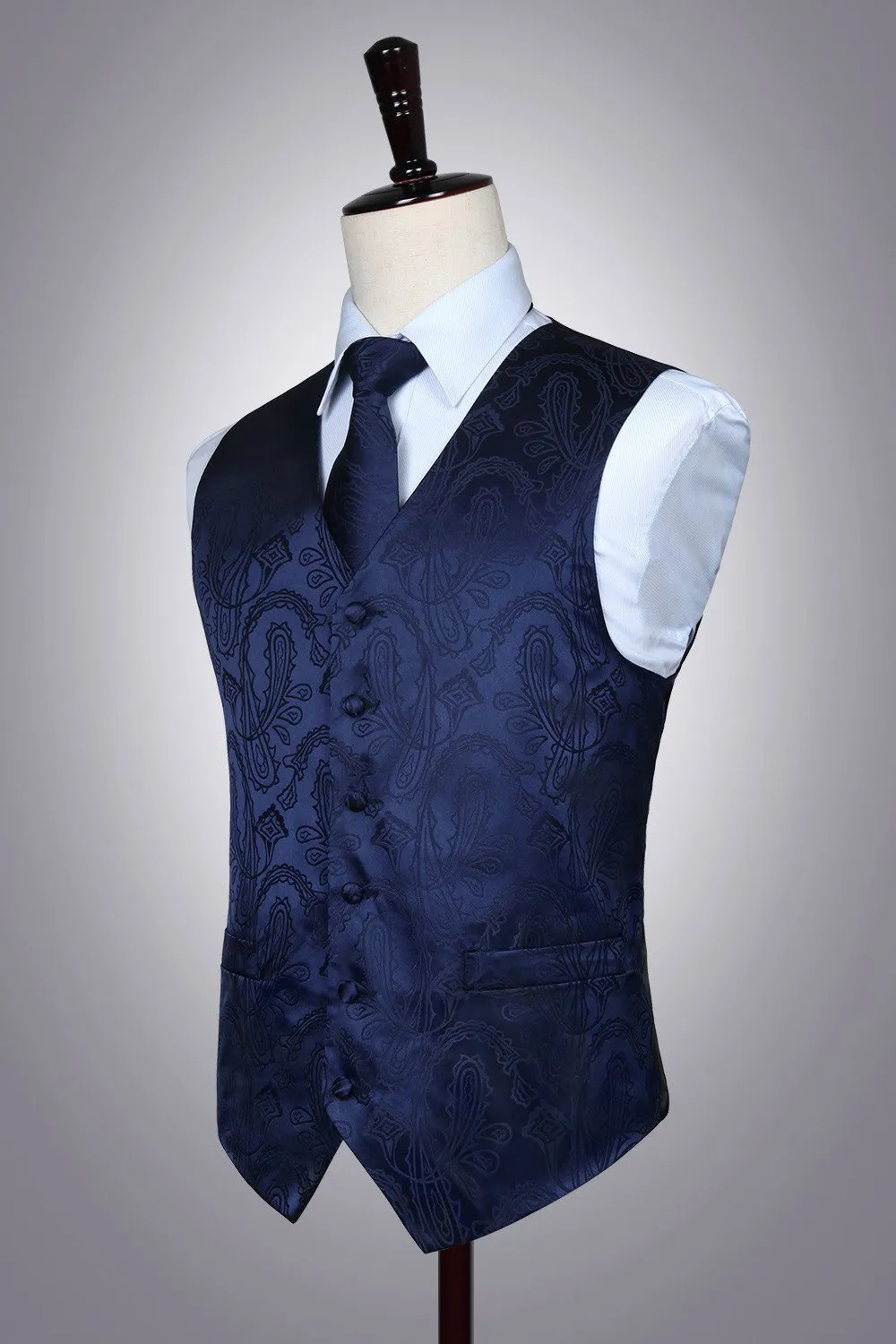 HISDERN Paisley Jacquard Gilet, Cravatta e Fazzoletto da Taschino Set - Blu navy - XXL - immagine 8