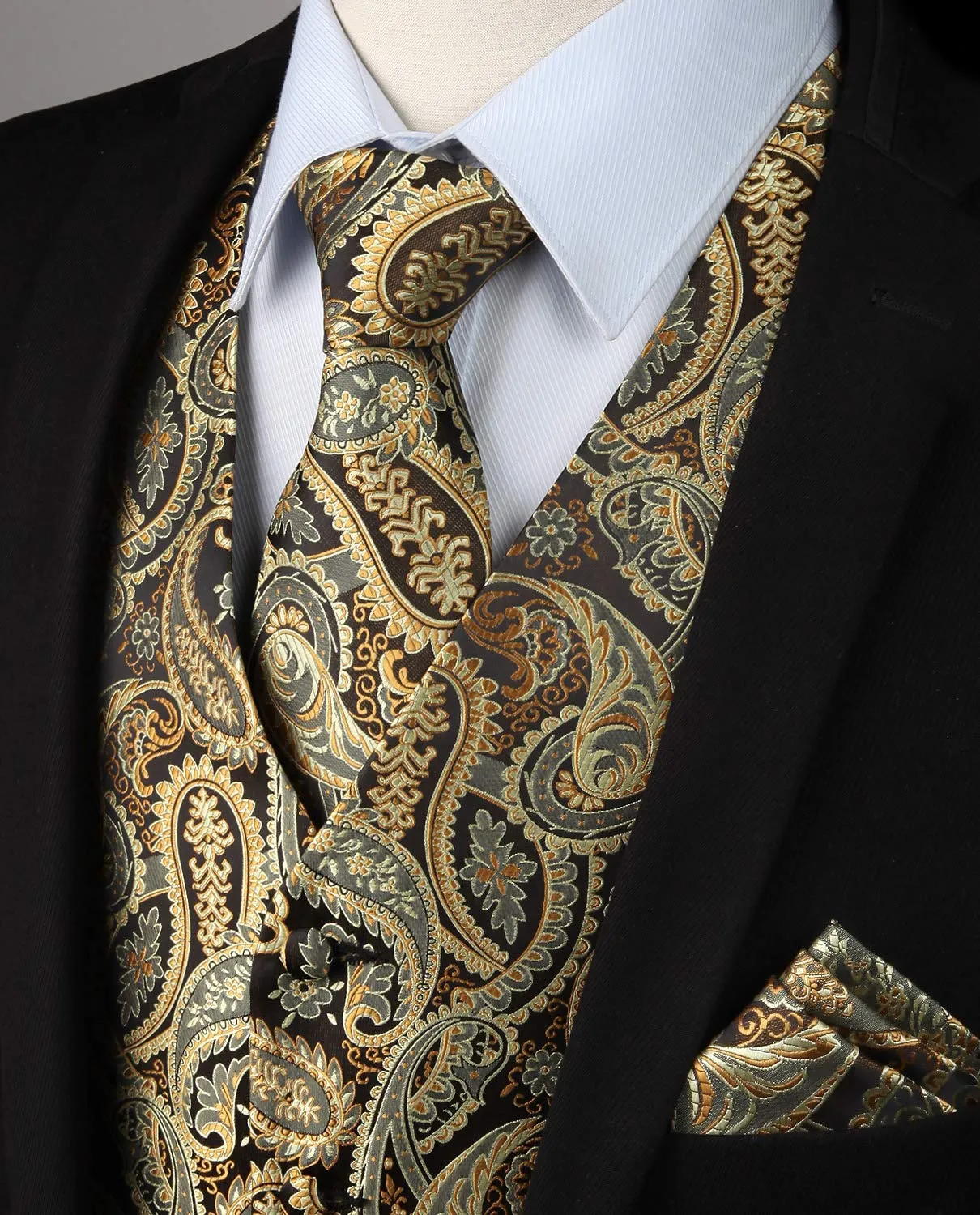 HISDERN Paisley Jacquard Gilet, Cravatta e Fazzoletto da Taschino Set - Oro, XL - immagine 2