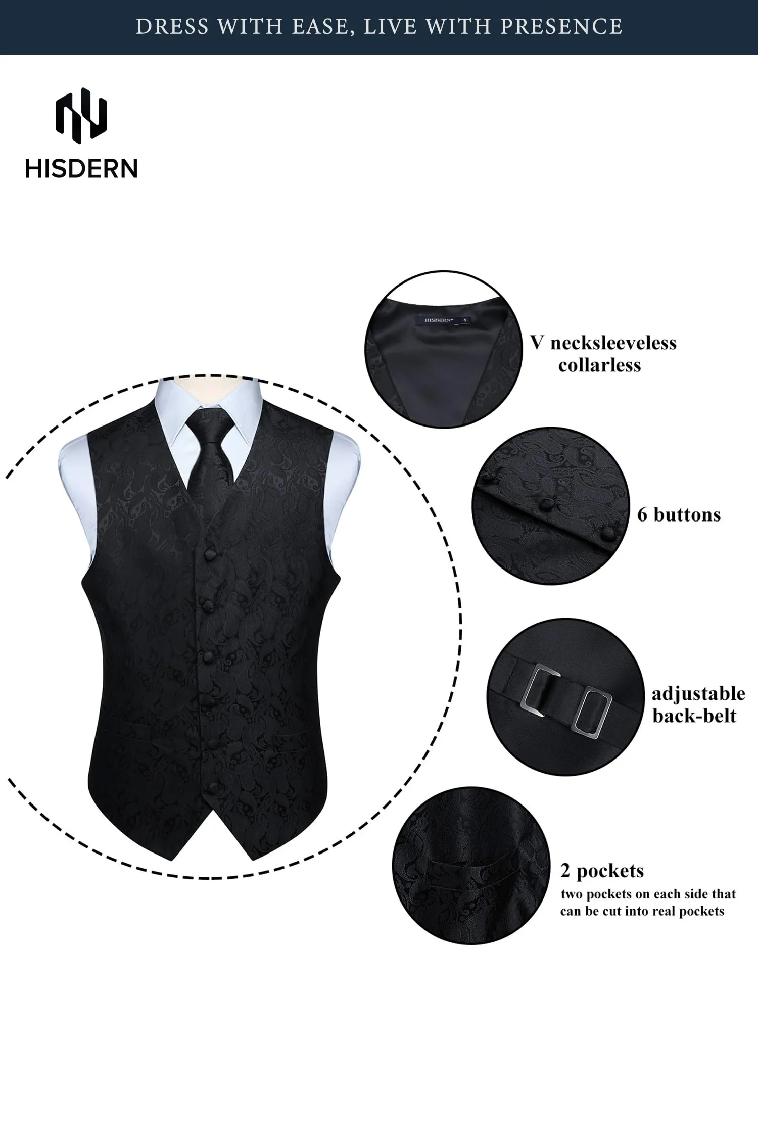 HISDERN Paisley Jacquard Gilet, Tie and Pocket Square Set, Black-2, L - immagine 4