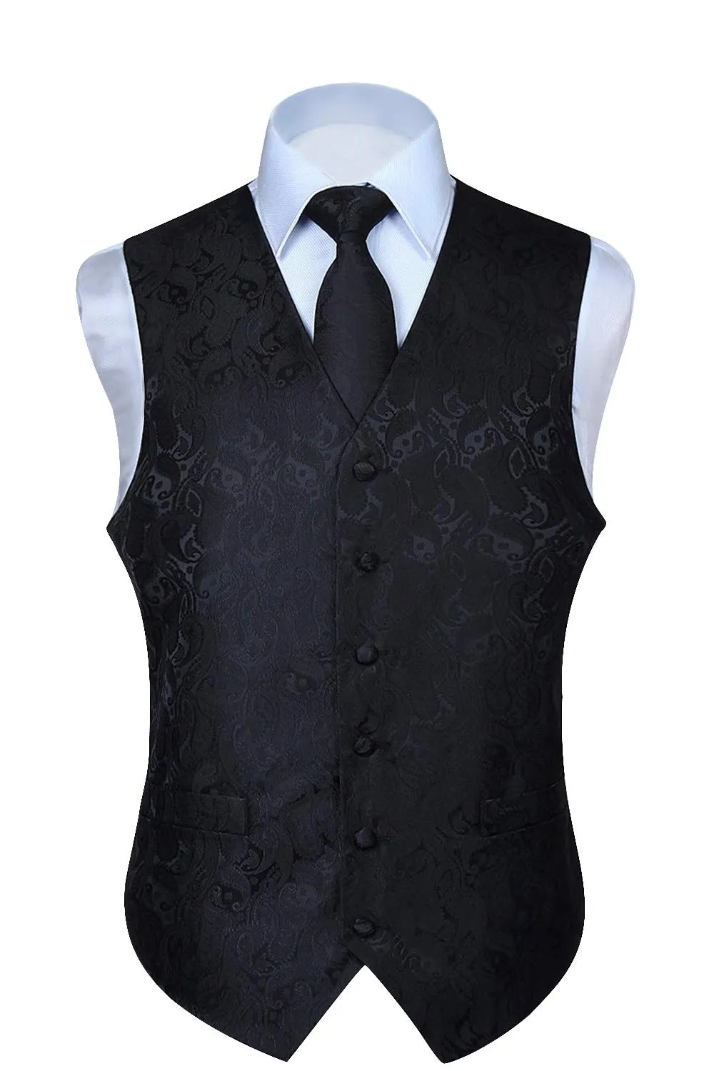 HISDERN Paisley Jacquard Gilet, Tie and Pocket Square Set, Black-2, L - immagine 7