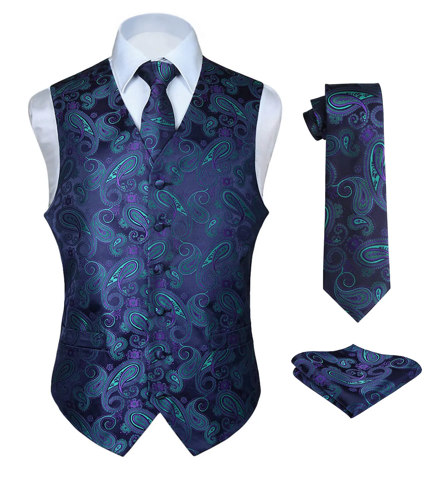 HISDERN Paisley Jacquard Gilet, Cravatta e Fazzoletto da Taschino Set, Viola e Verde, 4XL - immagine 1