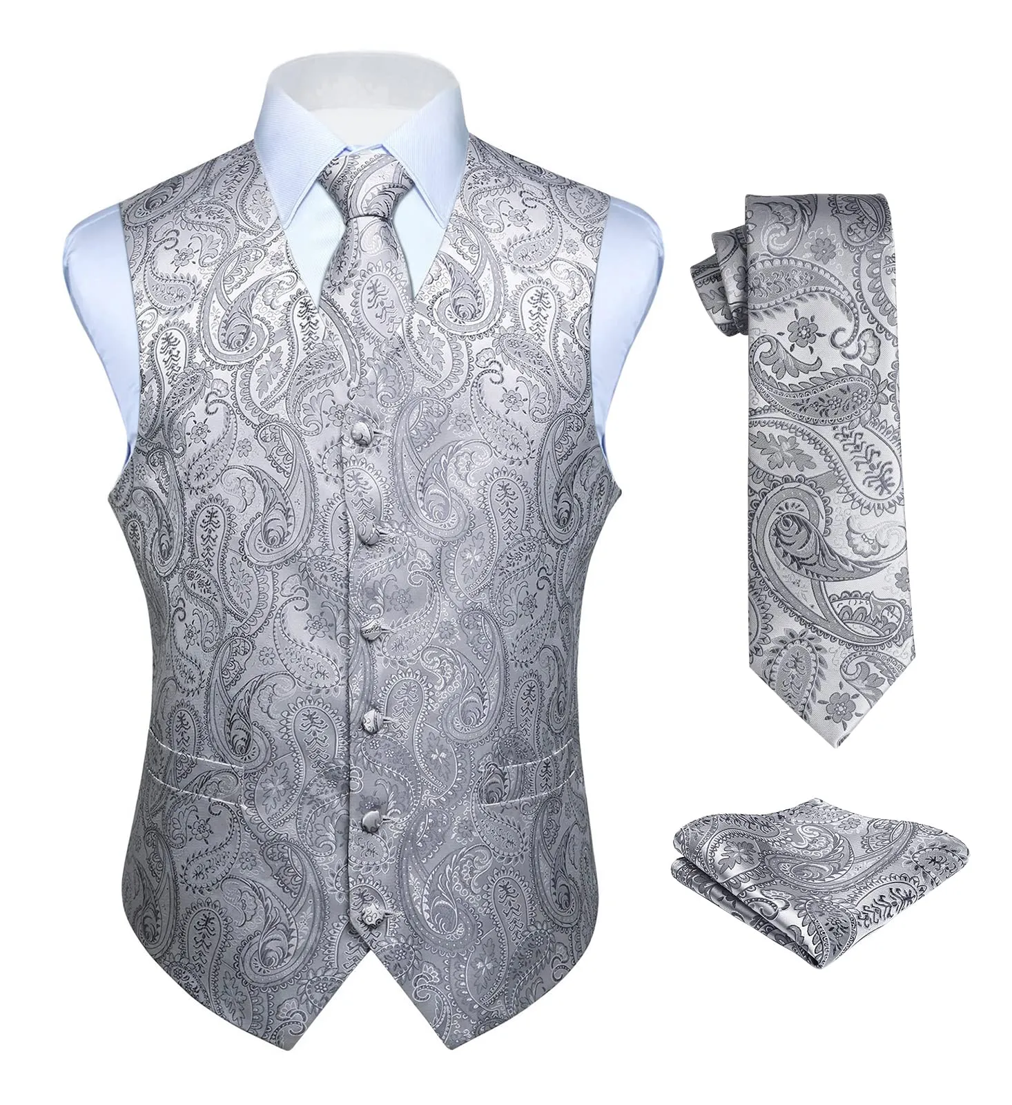 HISDERN Paisley Jacquard Gilet, Cravatta e Fazzoletto da Taschino Set - Grigio, XL - immagine 1