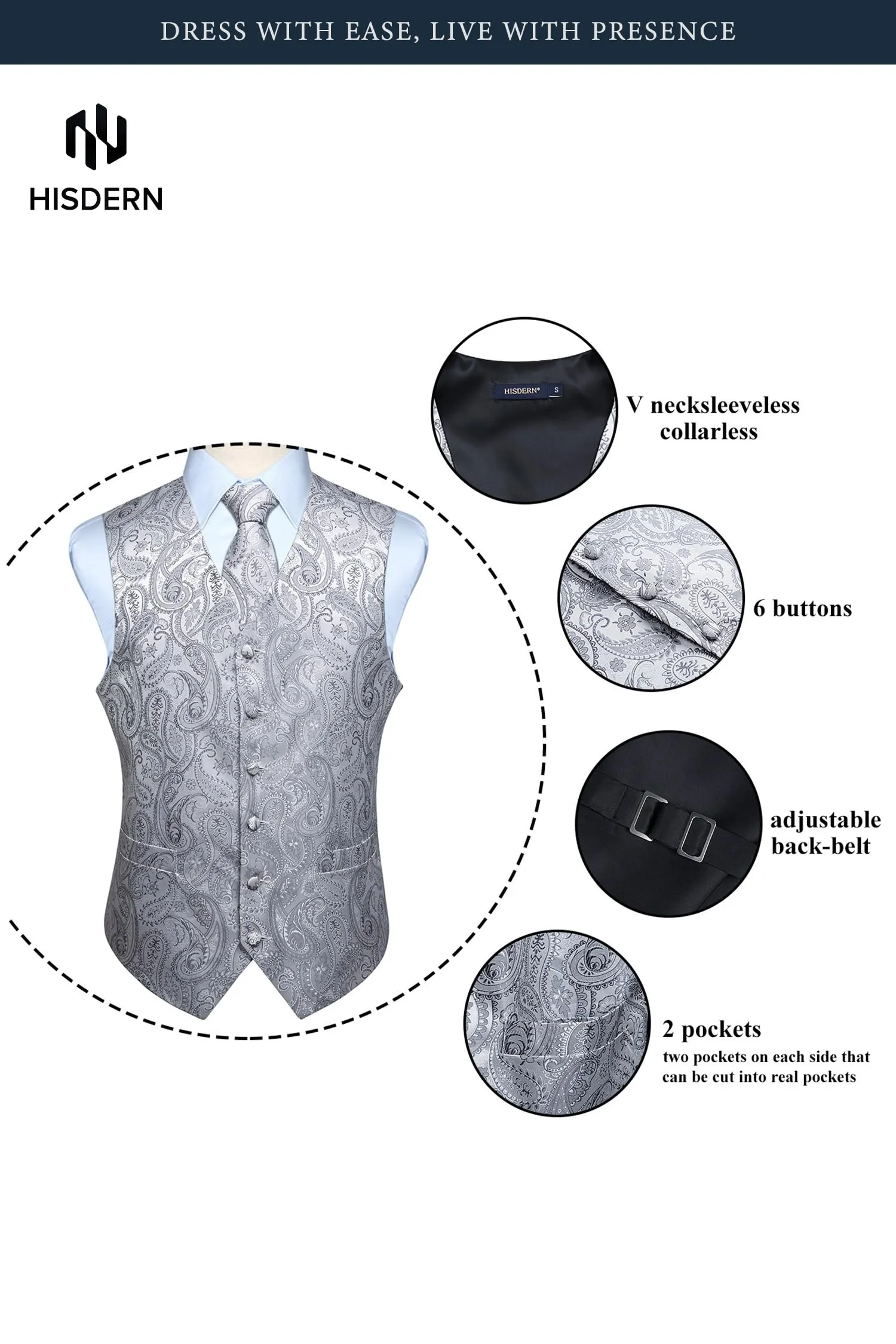 HISDERN Paisley Jacquard Gilet, Cravatta e Fazzoletto da Taschino Set - Grigio, XL - immagine 3