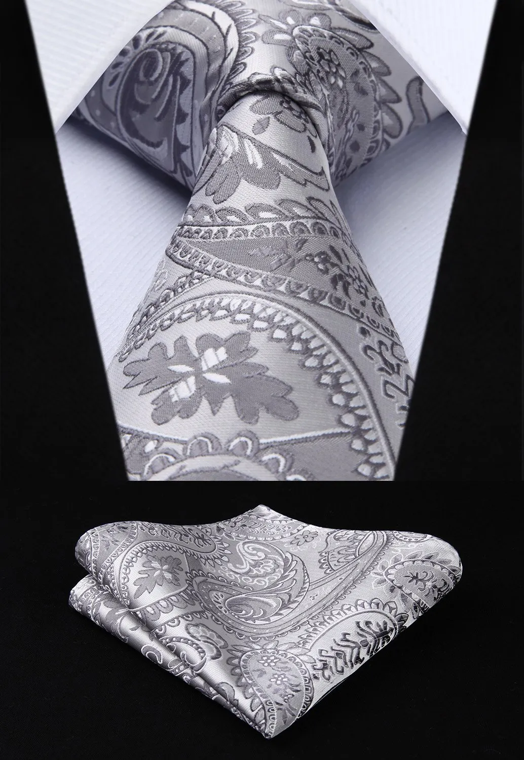 HISDERN Paisley Jacquard Gilet, Cravatta e Fazzoletto da Taschino Set - Grigio, XL - immagine 5