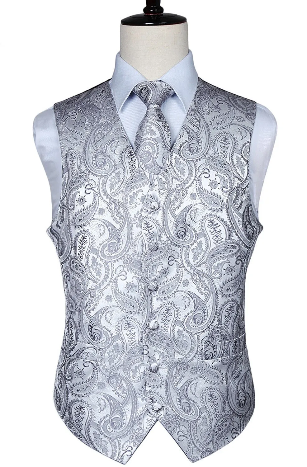 HISDERN Paisley Jacquard Gilet, Cravatta e Fazzoletto da Taschino Set - Grigio, XL - immagine 9