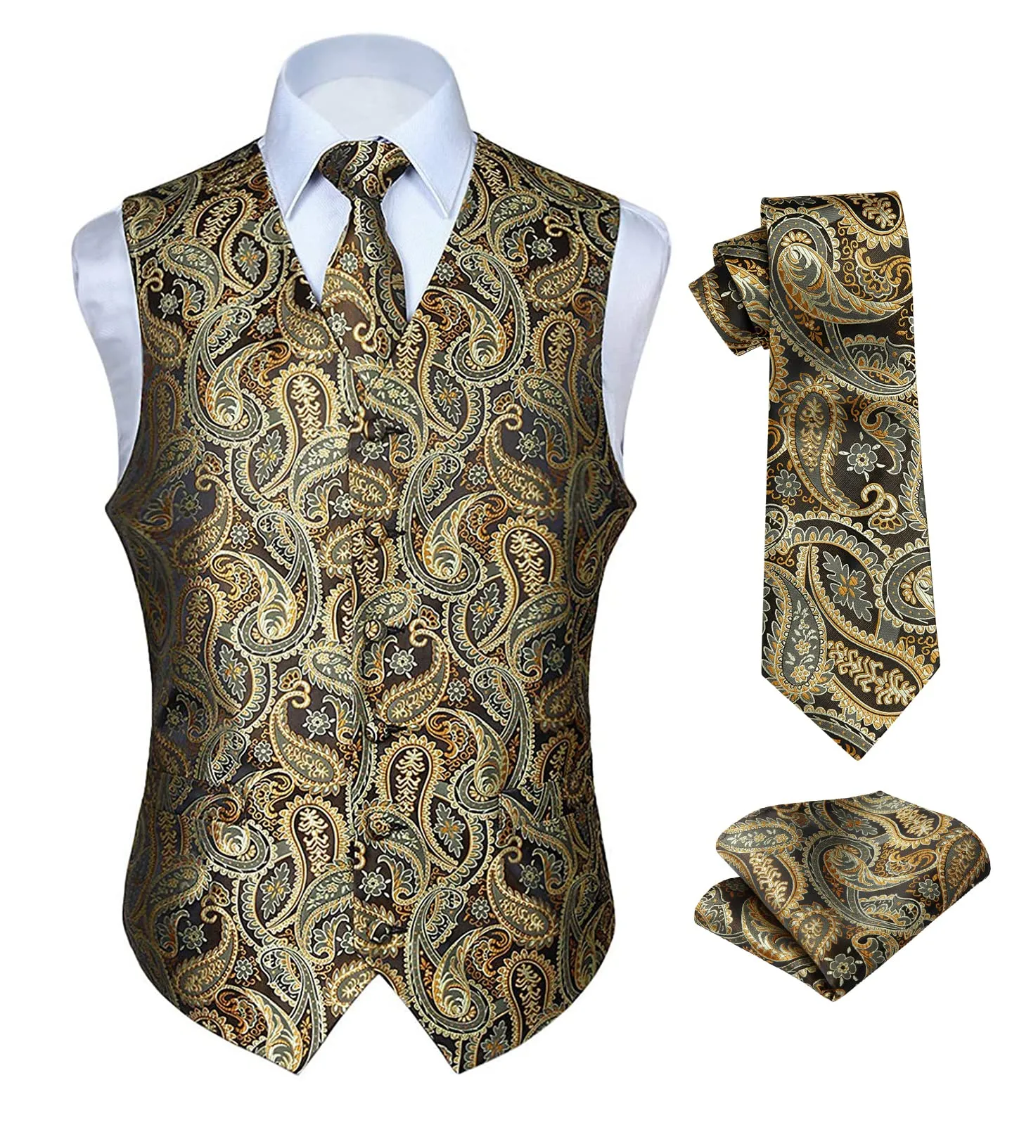 HISDERN Paisley Jacquard Gilet, Cravatta e Fazzoletto da Taschino Set - Oro, L - immagine 1
