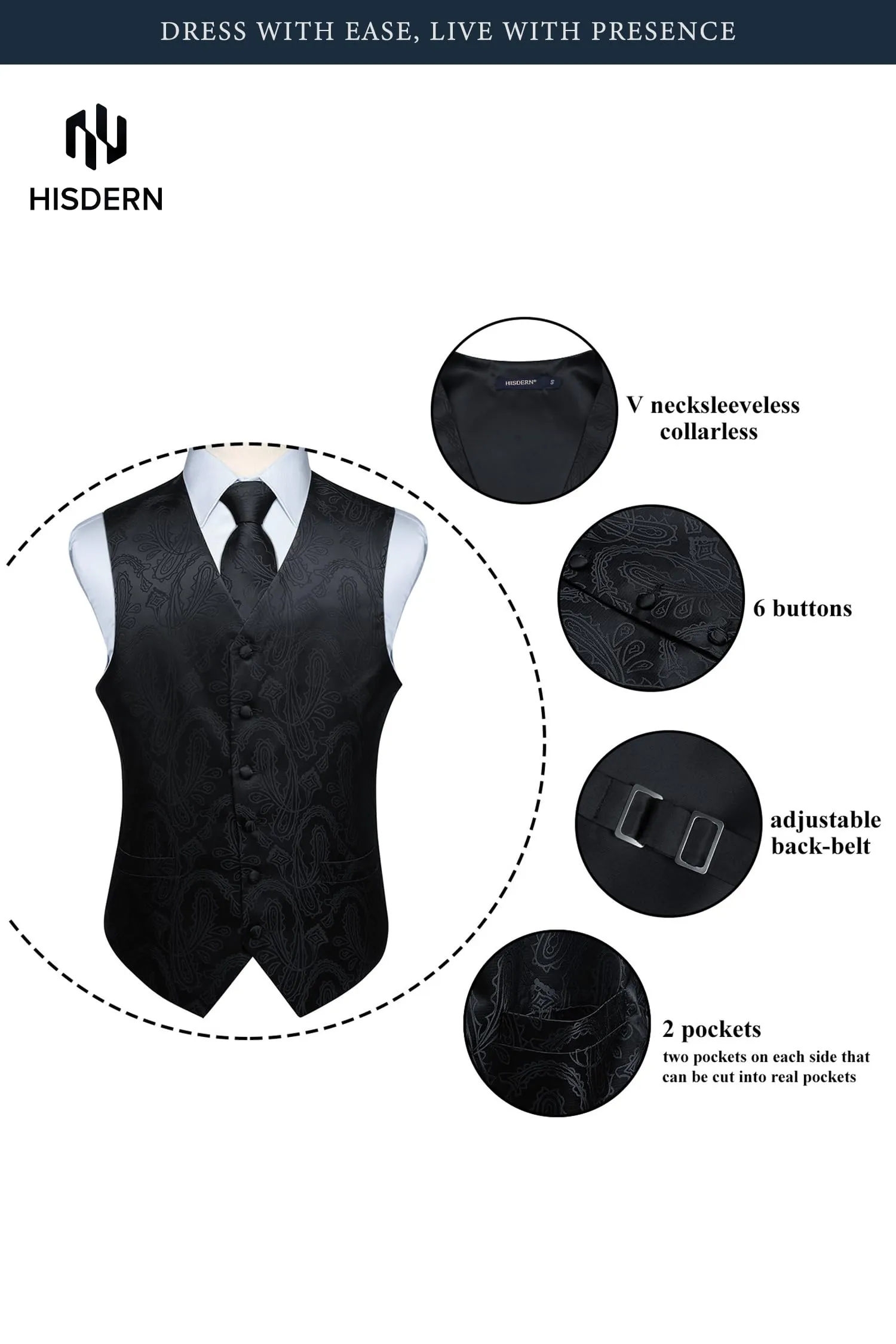 HISDERN Paisley Jacquard Gilet, Tie and Pocket Square Set - immagine 5