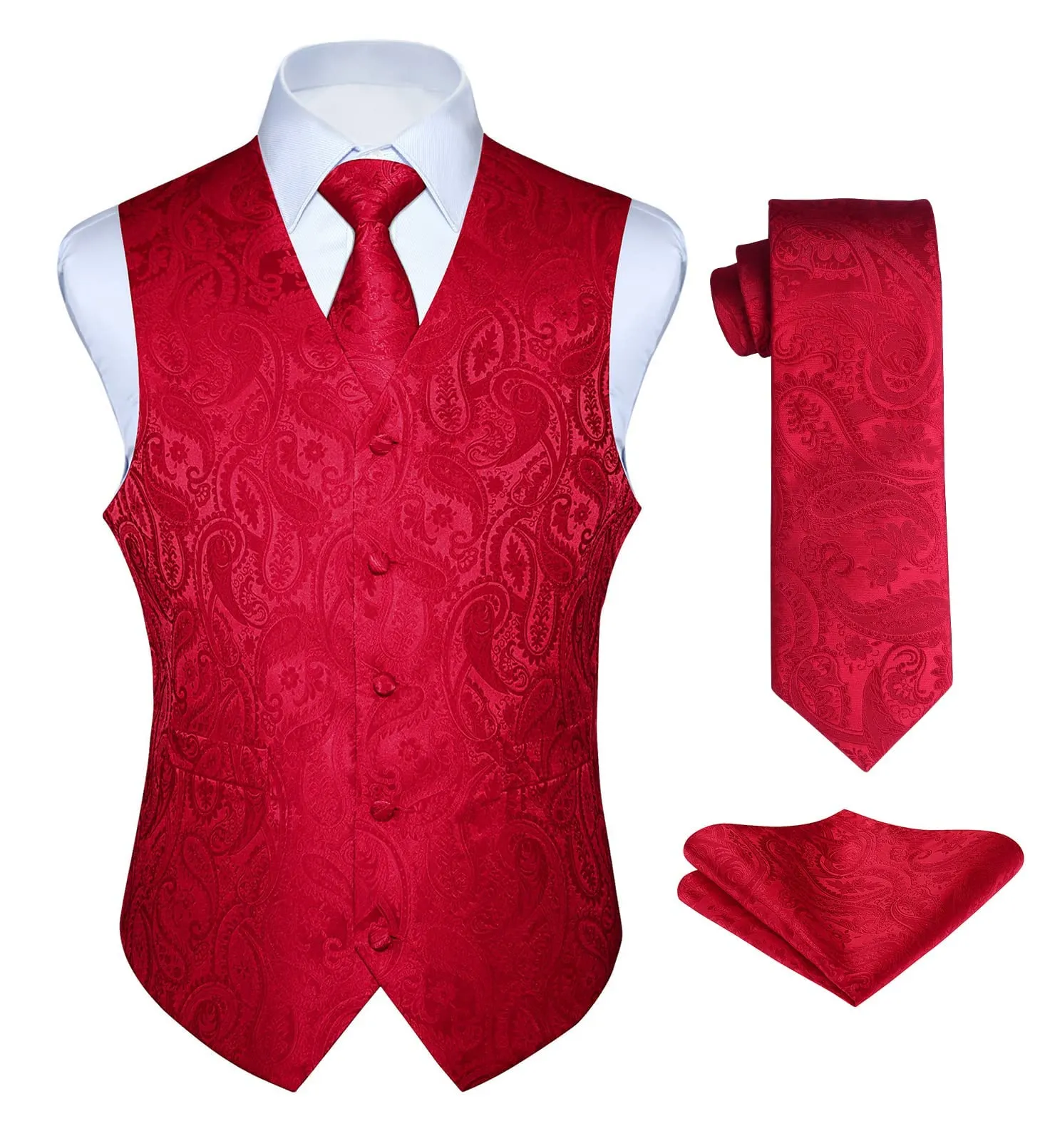 HISDERN Paisley Jacquard Gilet, Cravatta e Fazzoletto da Taschino Set, Borgogna, L - immagine 1