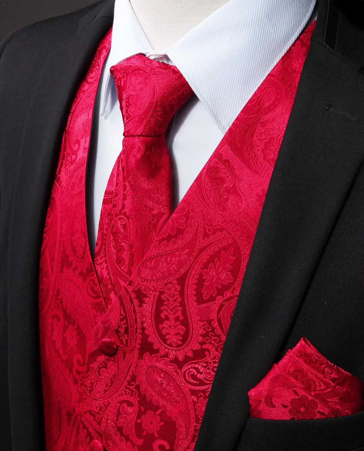 HISDERN Paisley Jacquard Gilet, Cravatta e Fazzoletto da Taschino Set, Borgogna, L - immagine 2