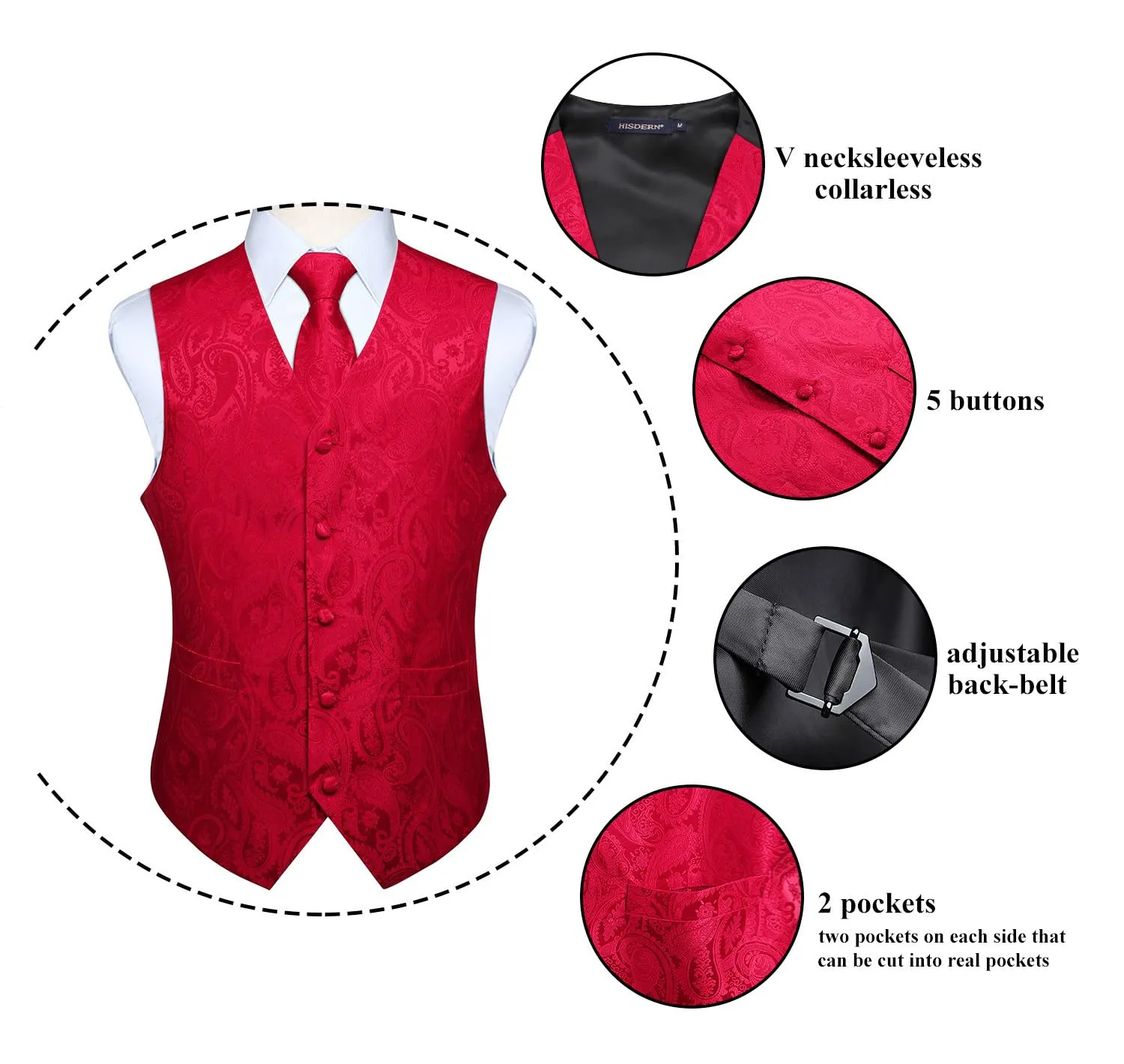 HISDERN Paisley Jacquard Gilet, Cravatta e Fazzoletto da Taschino Set, Borgogna, L - immagine 4