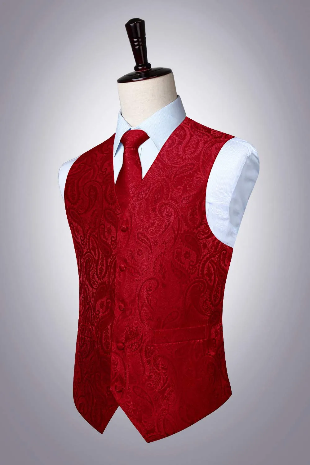 HISDERN Paisley Jacquard Gilet, Cravatta e Fazzoletto da Taschino Set, Borgogna, L - immagine 7