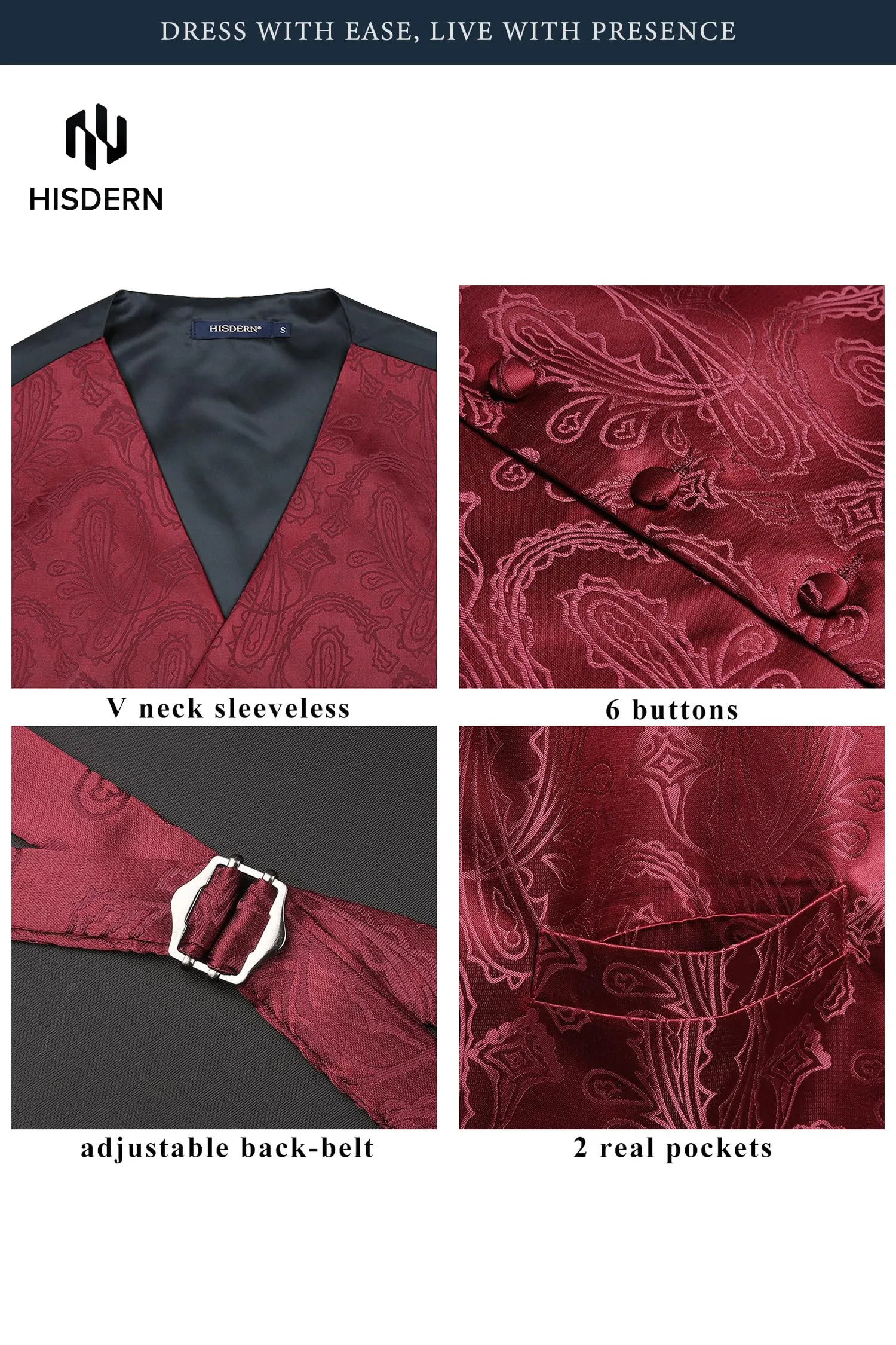 HISDERN Paisley Jacquard Gilet, Tie and Pocket Square Set - immagine 3