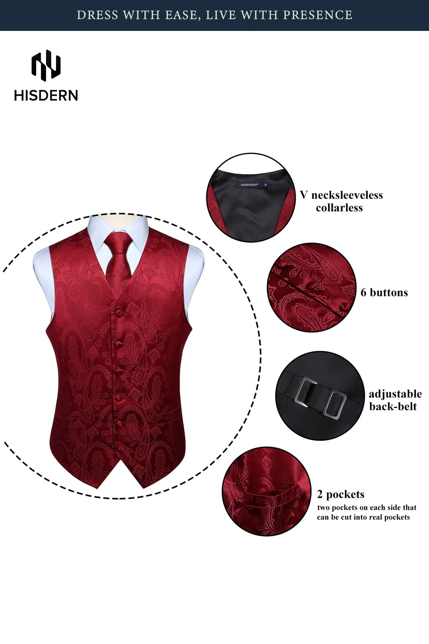 HISDERN Paisley Jacquard Gilet, Tie and Pocket Square Set - immagine 4