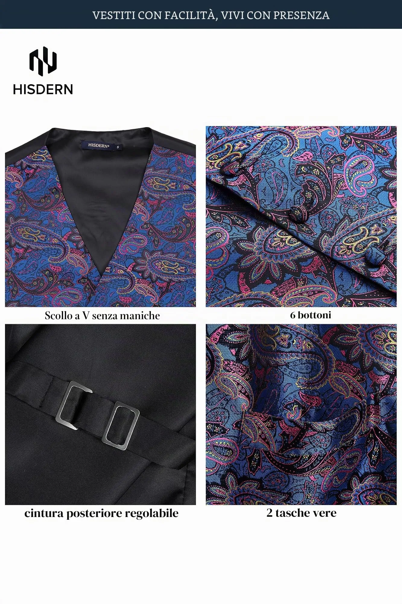 HISDERN Paisley Floral Jacquard Gilet, Tie and Pocket Square Set - immagine 3