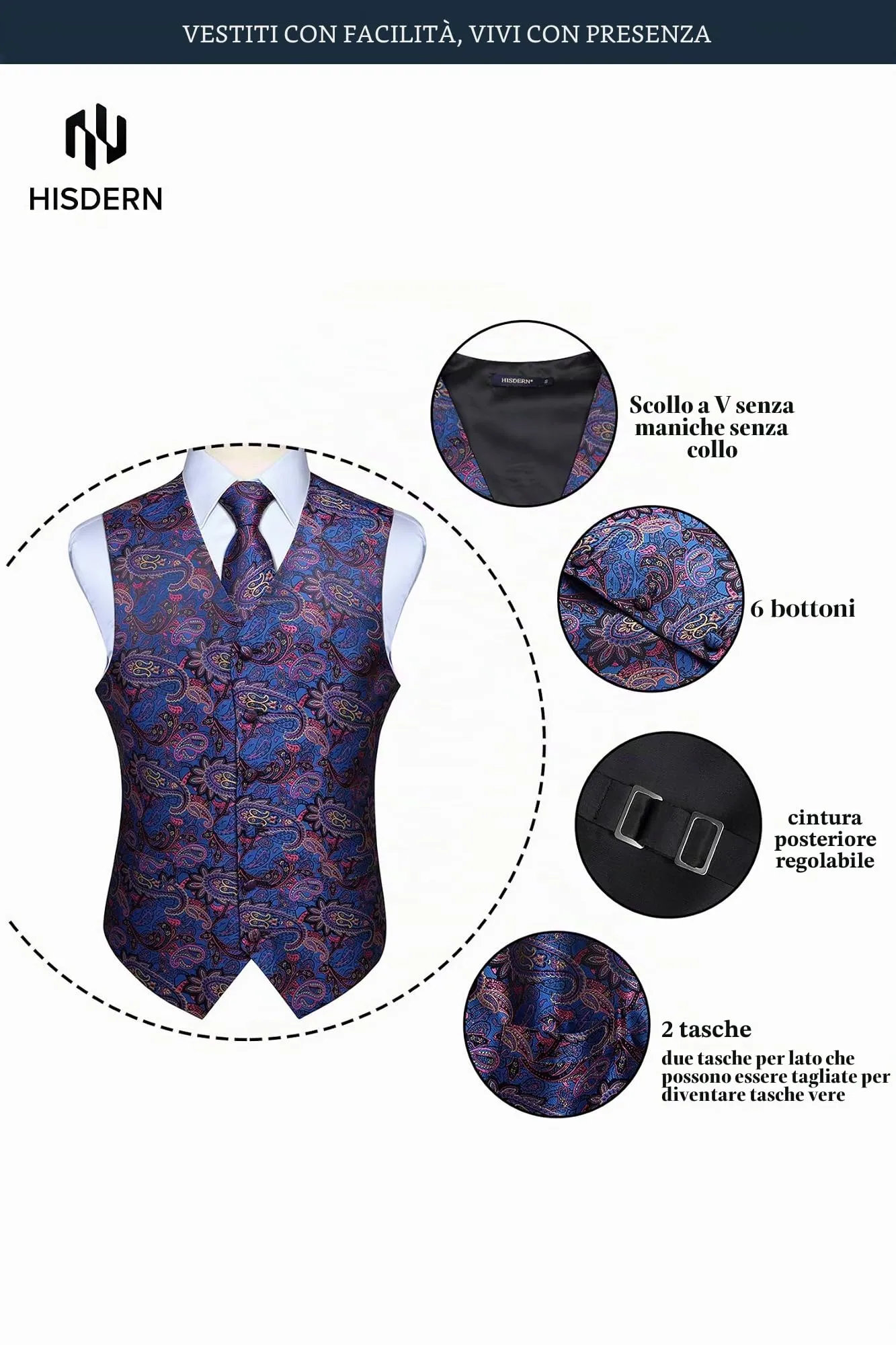 HISDERN Paisley Floral Jacquard Gilet, Tie and Pocket Square Set - immagine 4