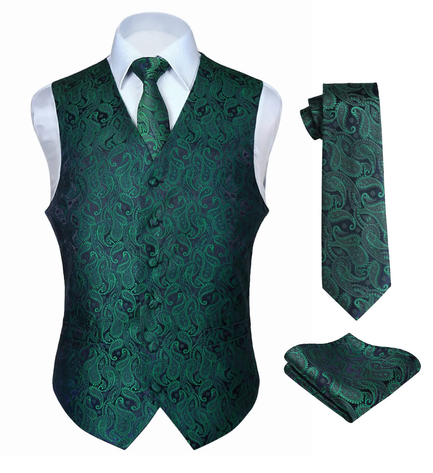 HISDERN Paisley Jacquard Gilet, Cravatta e Fazzoletto da Taschino Set, Verde e Viola, M - immagine 1