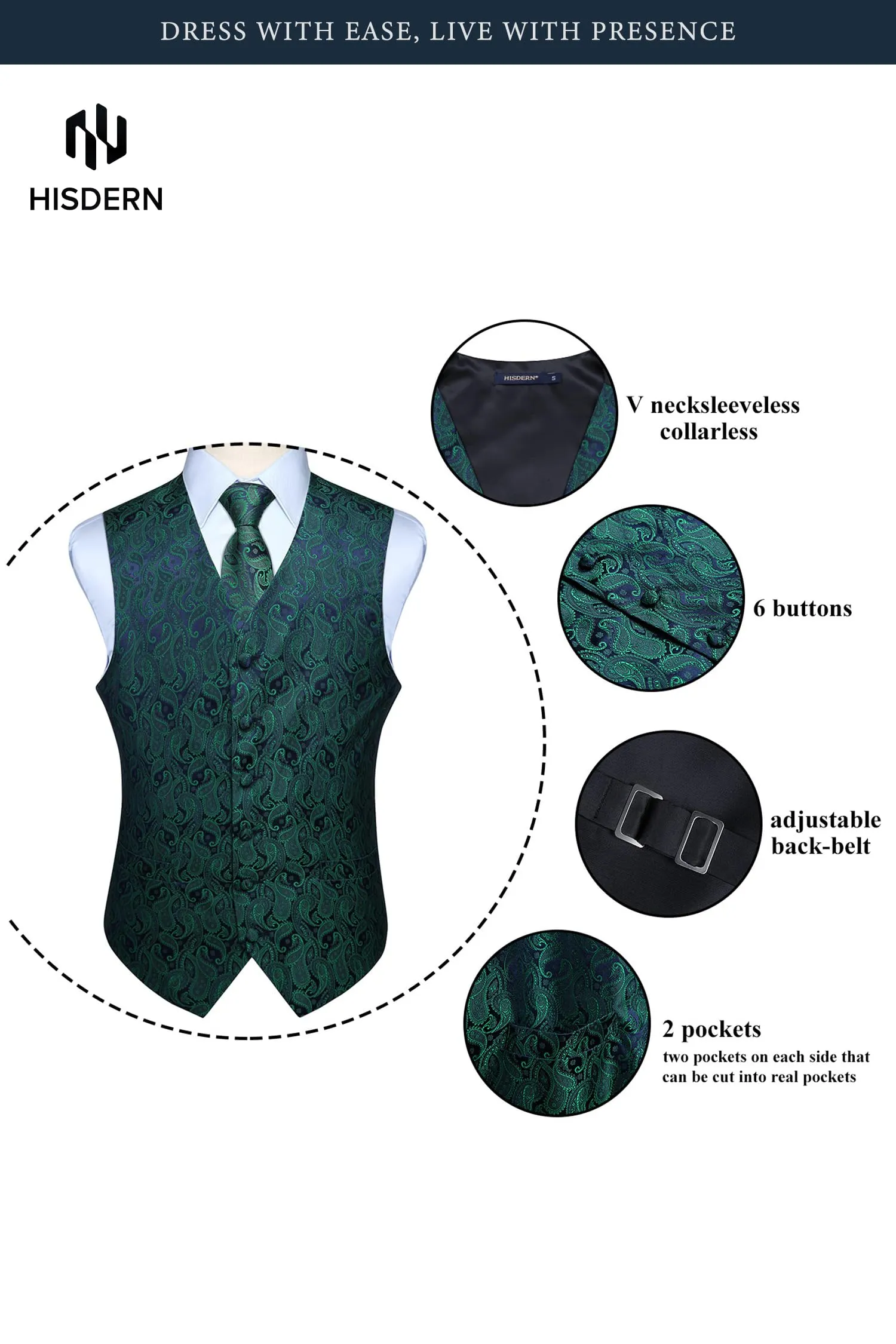 HISDERN Paisley Jacquard Gilet, Cravatta e Fazzoletto da Taschino Set, Verde e Viola, M - immagine 4