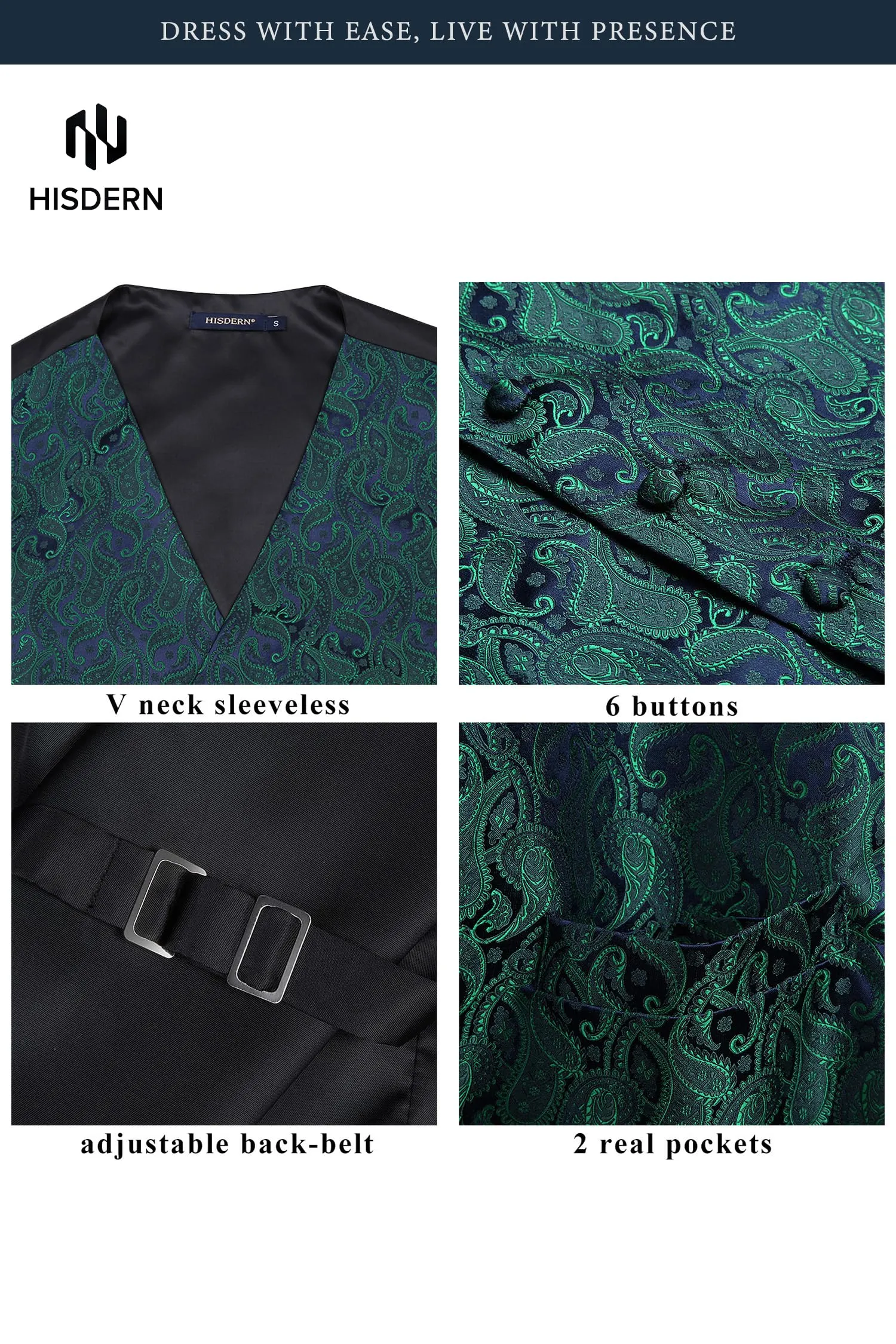 HISDERN Paisley Jacquard Gilet, Cravatta e Fazzoletto da Taschino Set - Verde e Viola - 5XL - immagine 3