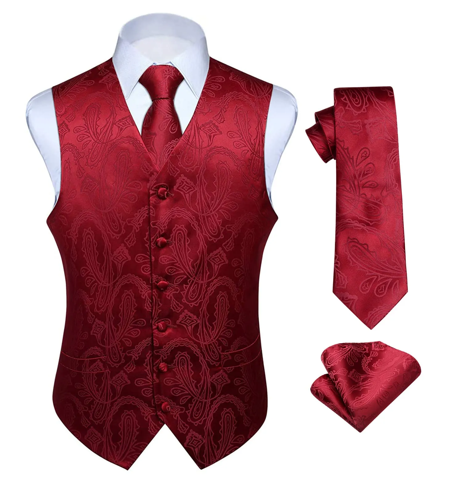 HISDERN Paisley Jacquard Gilet, Cravatta e Fazzoletto da Taschino Set, Borgogna, M - immagine 1