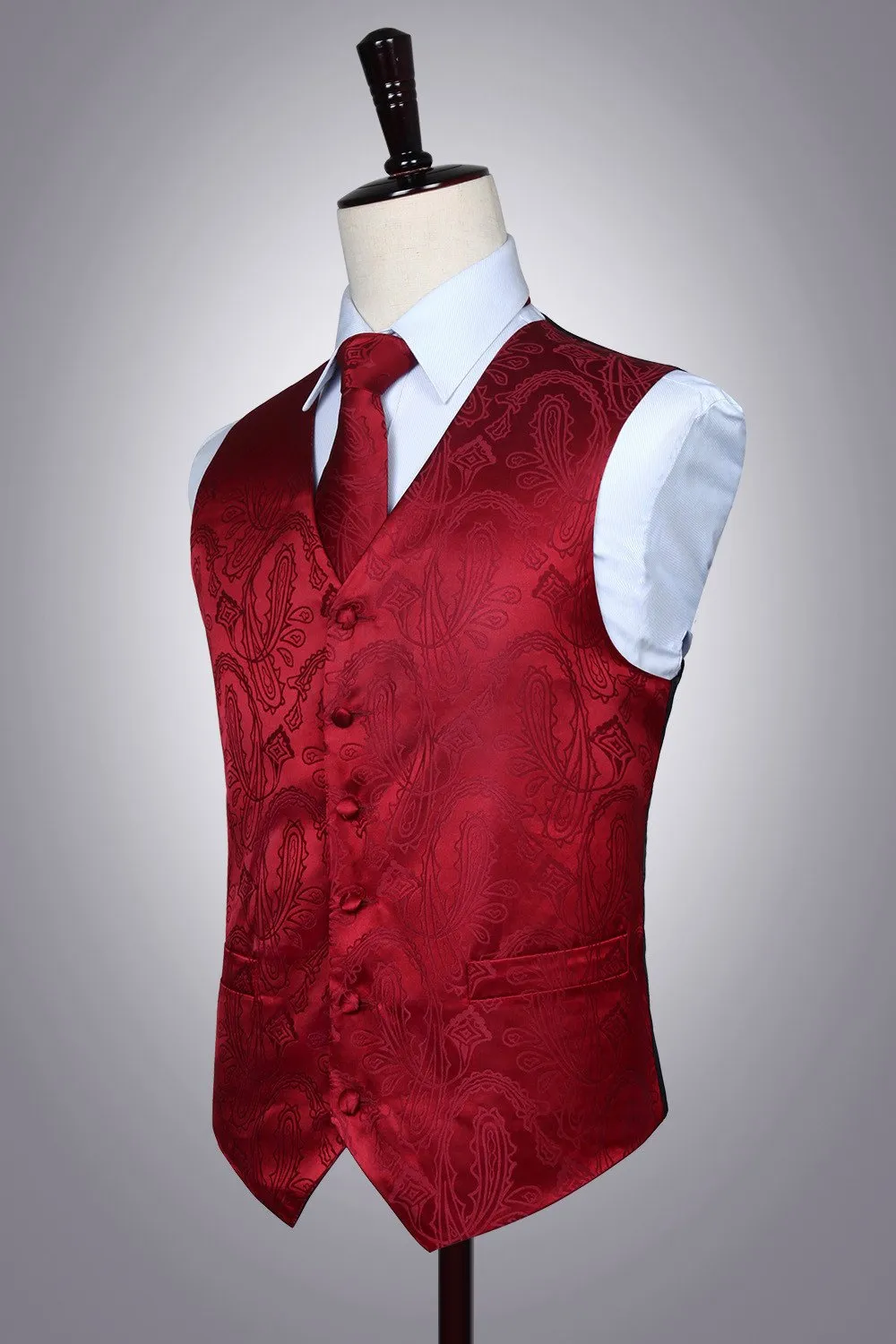 HISDERN Paisley Jacquard Gilet, Cravatta e Fazzoletto da Taschino Set, Borgogna, M - immagine 8