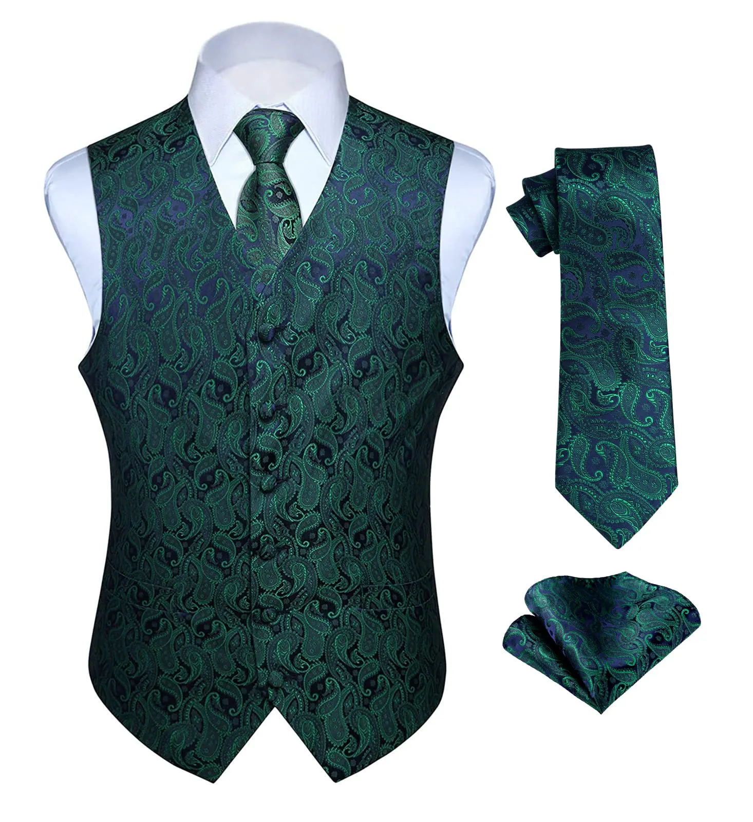 HISDERN Paisley Jacquard Gilet, Cravatta e Fazzoletto da Taschino Set - Verde e Viola - 3XL - immagine 1
