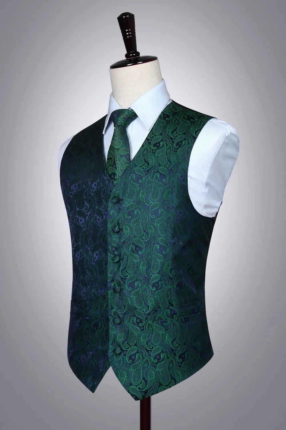 HISDERN Paisley Jacquard Gilet, Cravatta e Fazzoletto da Taschino Set - Verde e Viola - 3XL - immagine 8