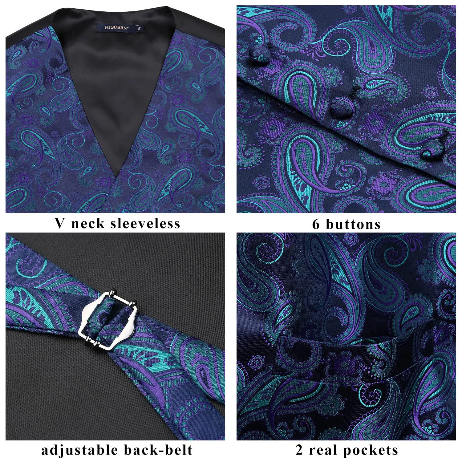 HISDERN Paisley Jacquard Gilet, Cravatta e Fazzoletto da Taschino Set - Viola e Verde - XL - immagine 4